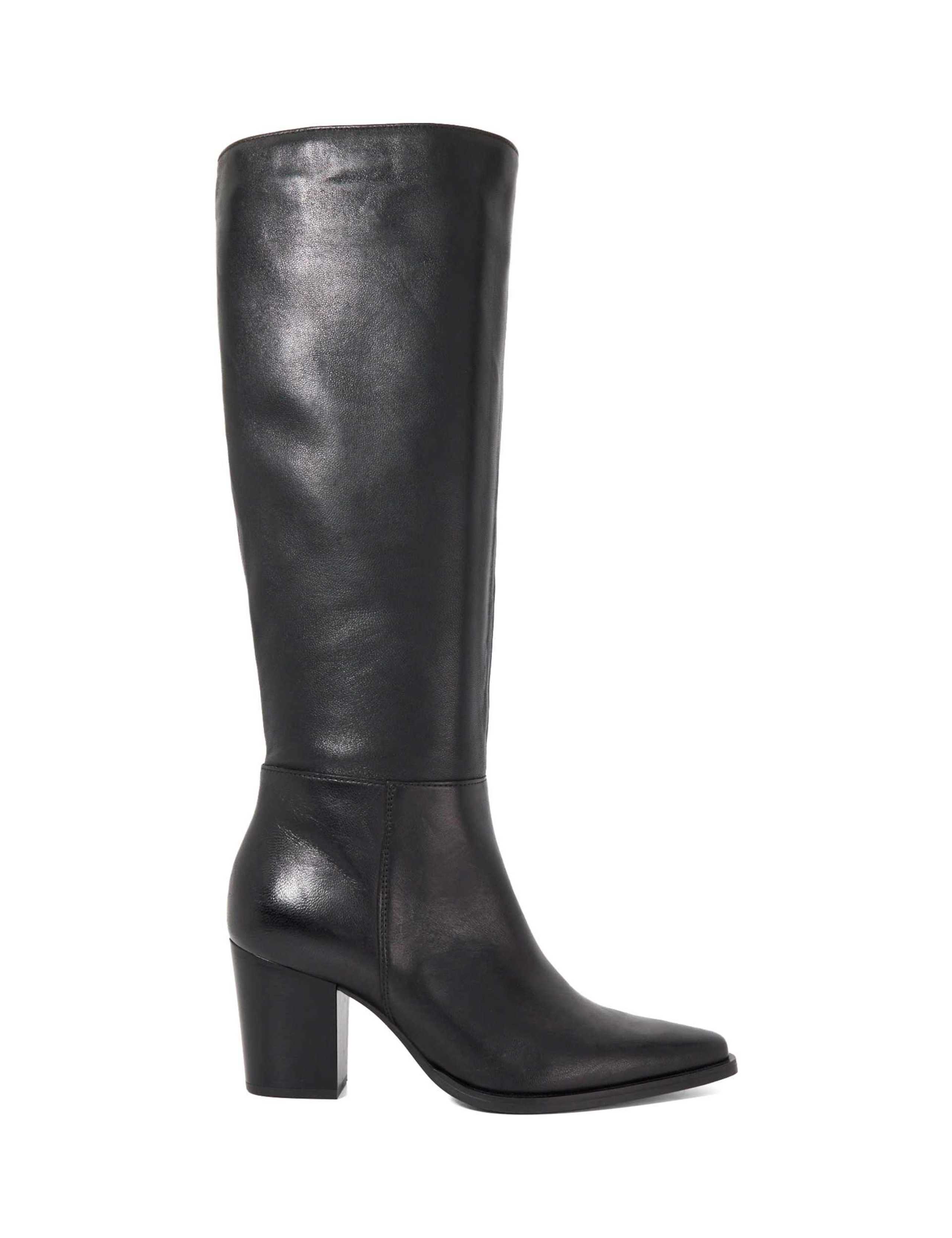 Leather Block Heel Knee High Boots