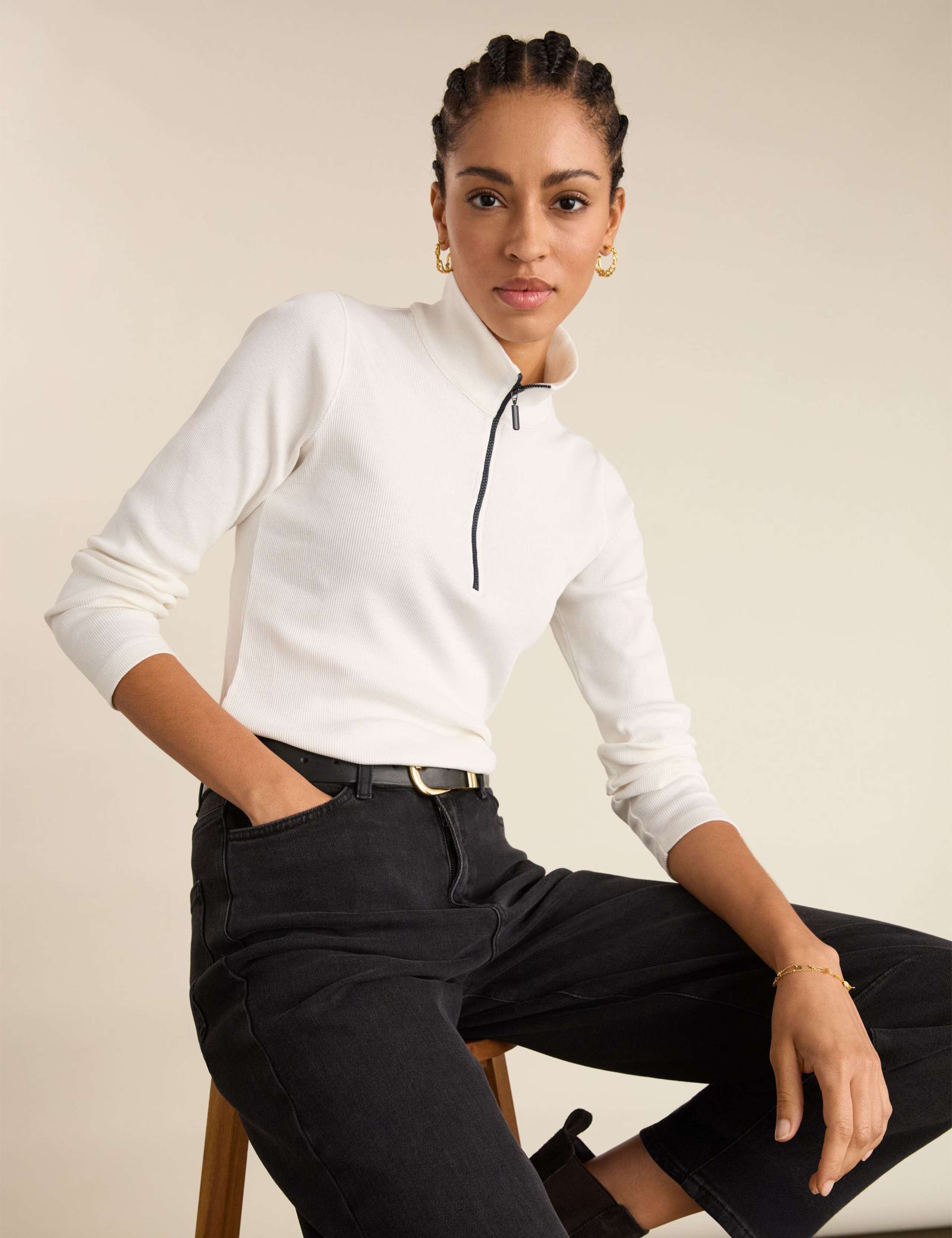 Pure Cotton Funnel Neck Half Zip Top