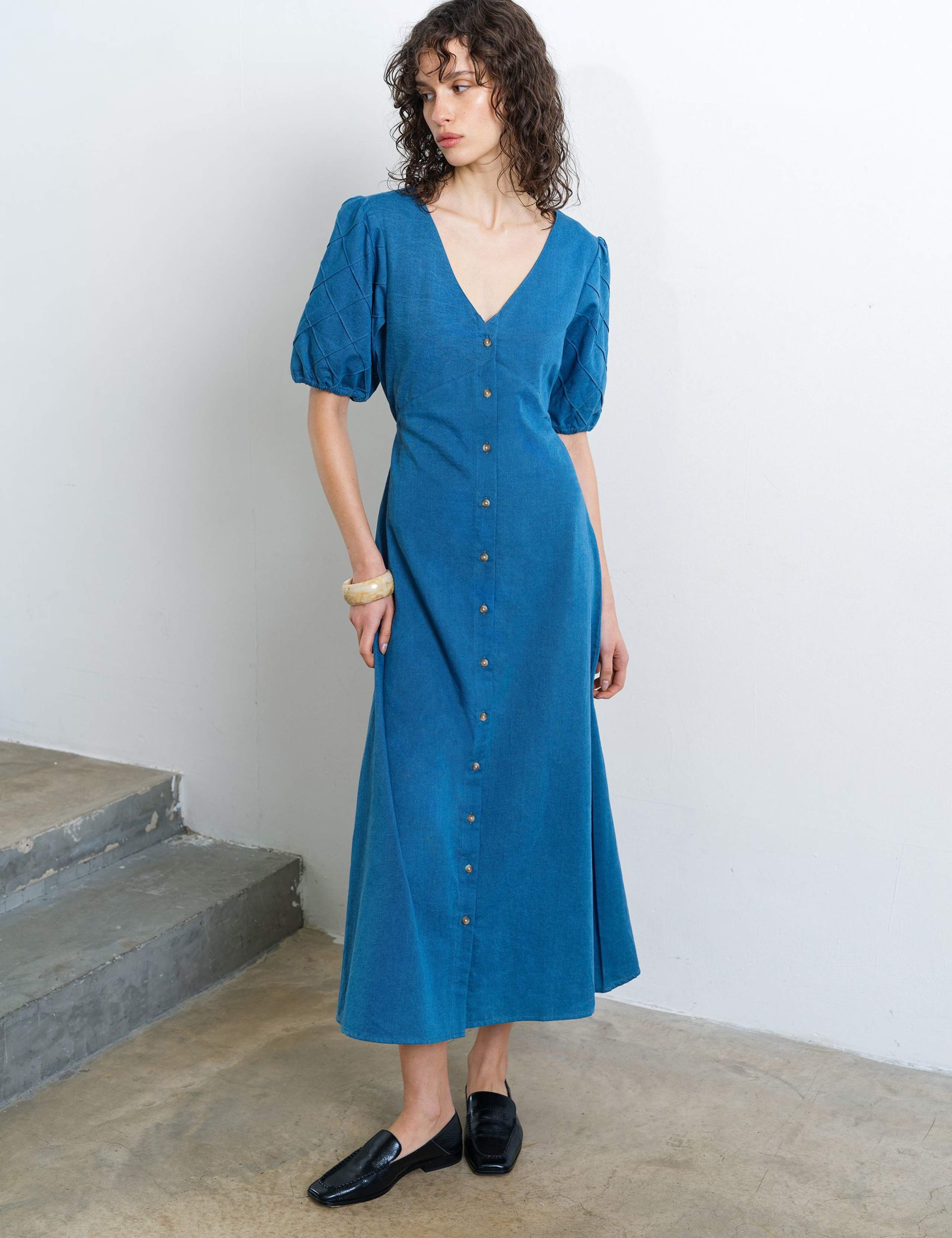 Pure Cotton Chambray Puff Sleeve Midi Dress