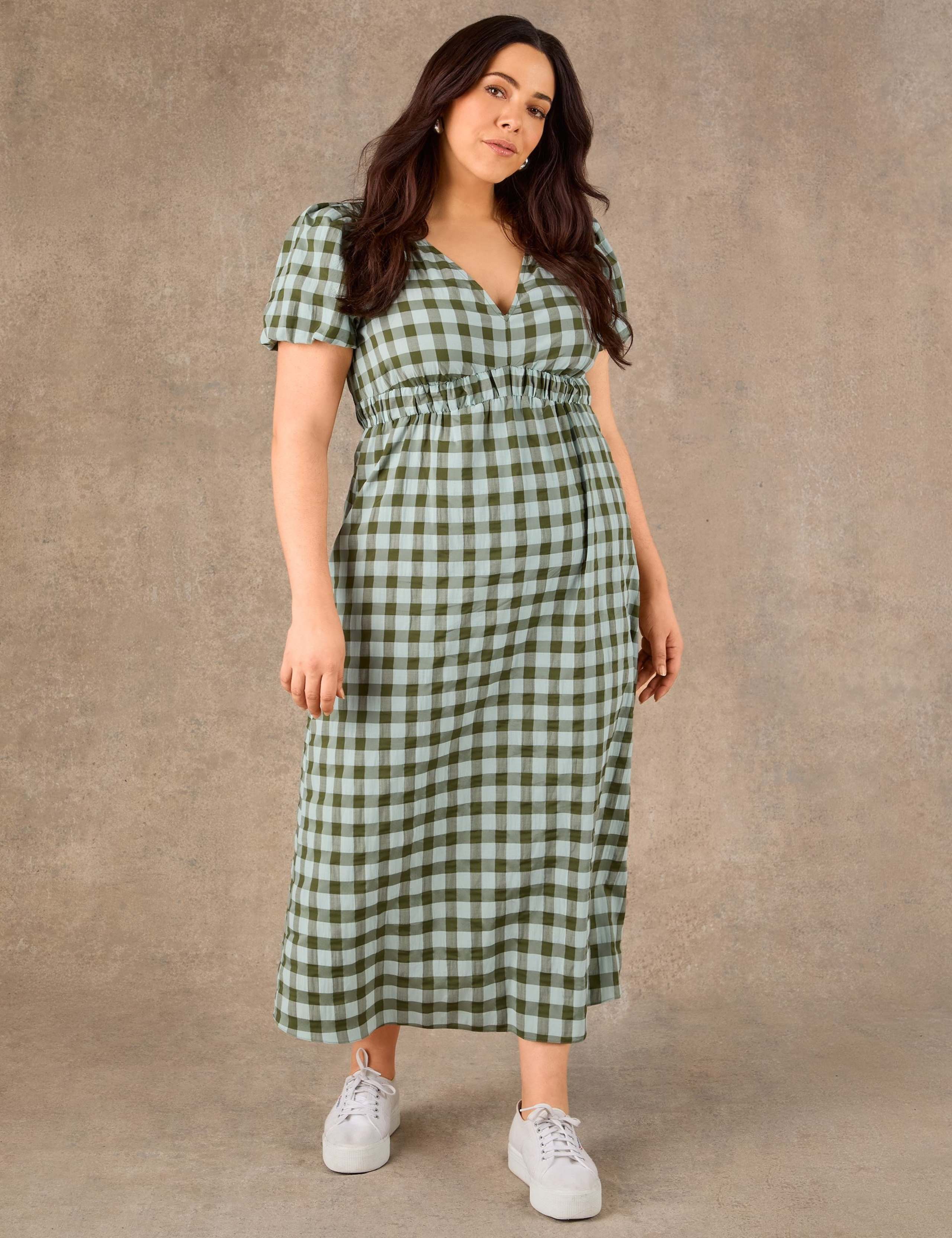 Gingham V-Neck Puff Sleeve Midaxi Waisted Dress