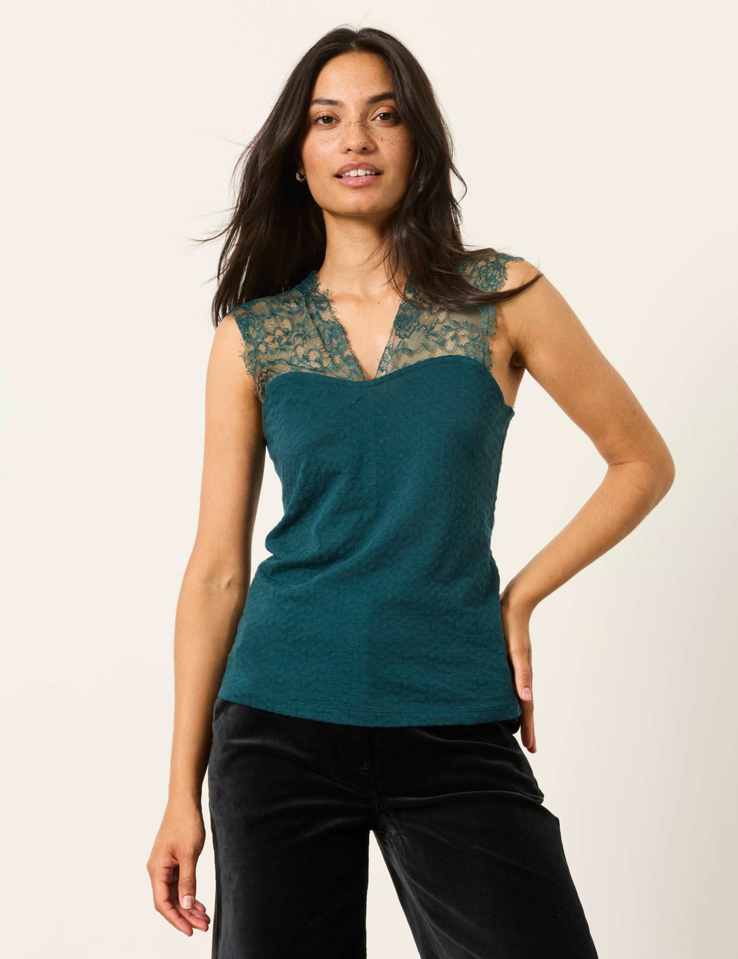 Pure Cotton V-Neck Lace Detail Top