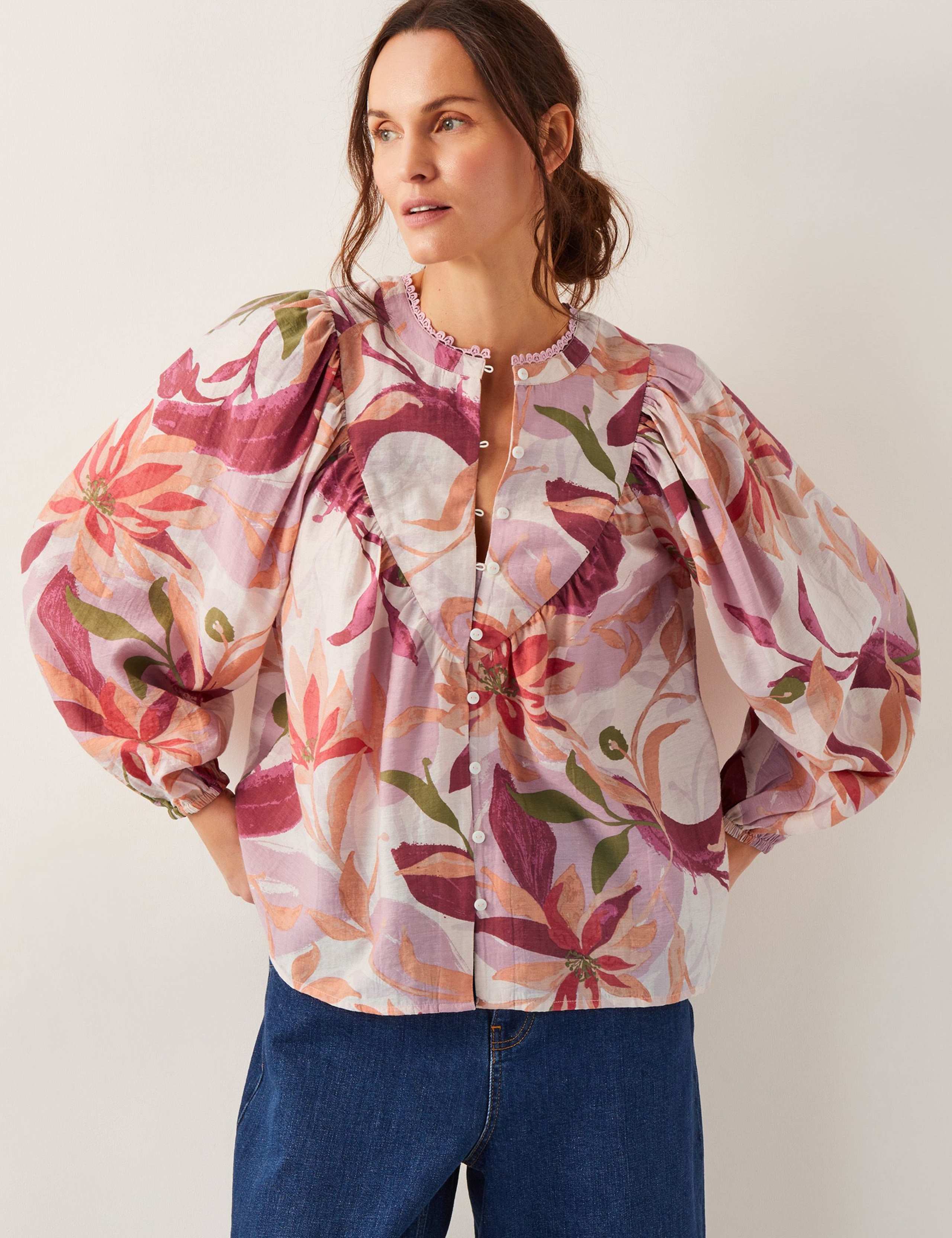 Floral Bib Front Blouson Sleeve Blouse