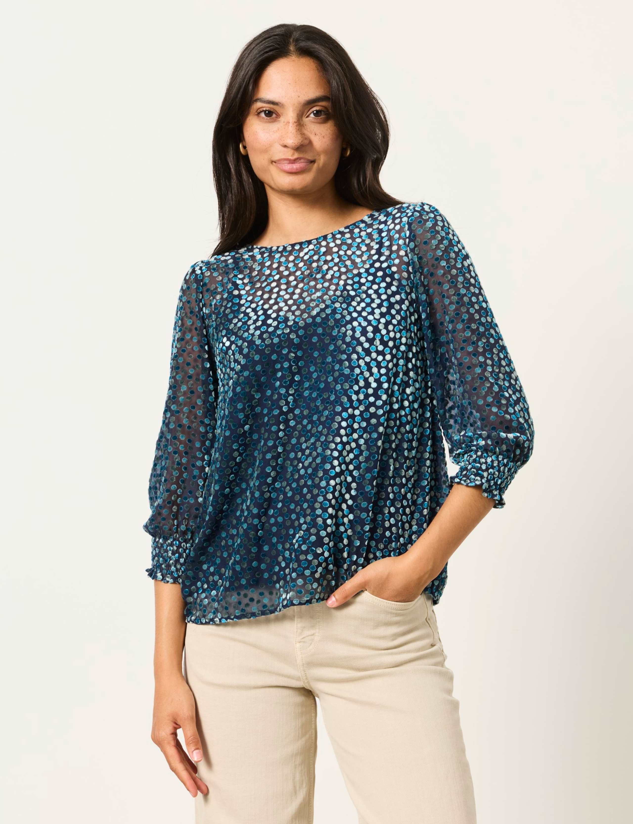 Devoré Round Neck Blouson Sleeve Blouse