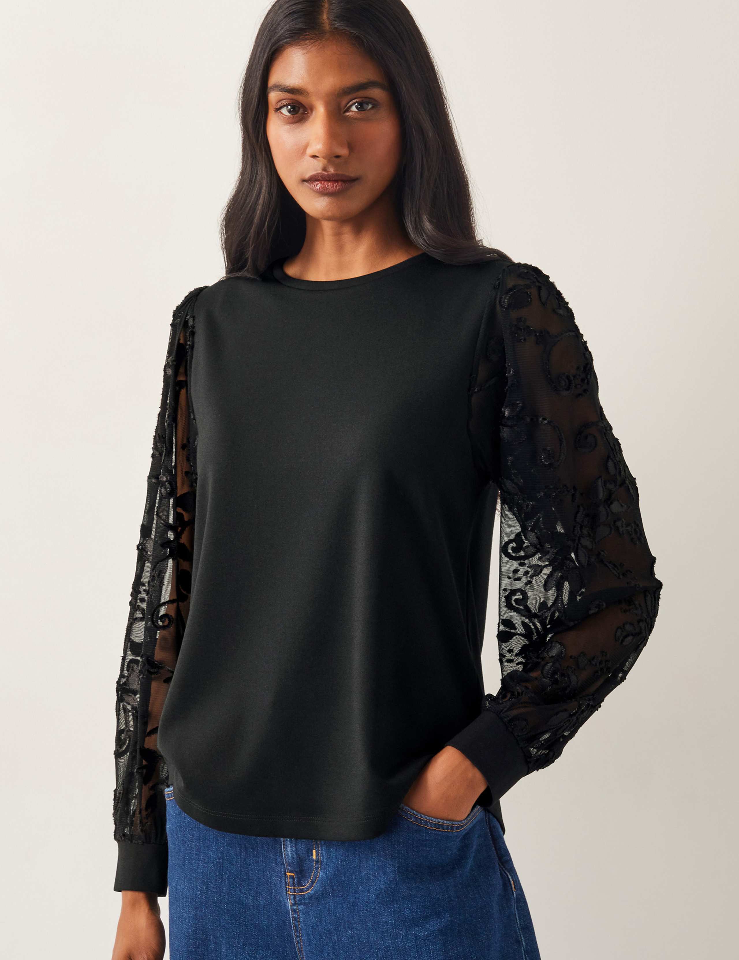 Sheer Lace Blouson Sleeve Top