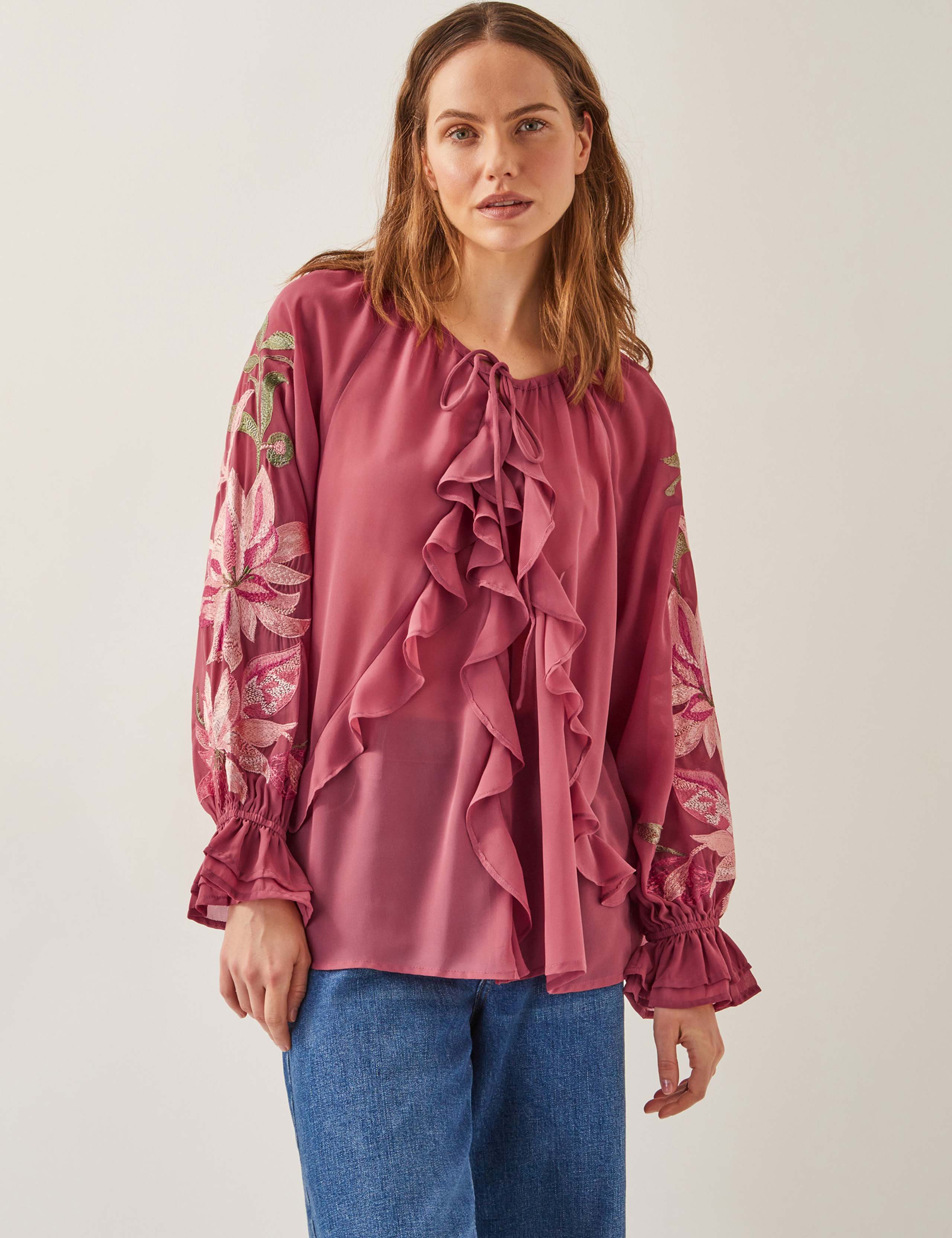 Embroidered Tie Neck Blouse