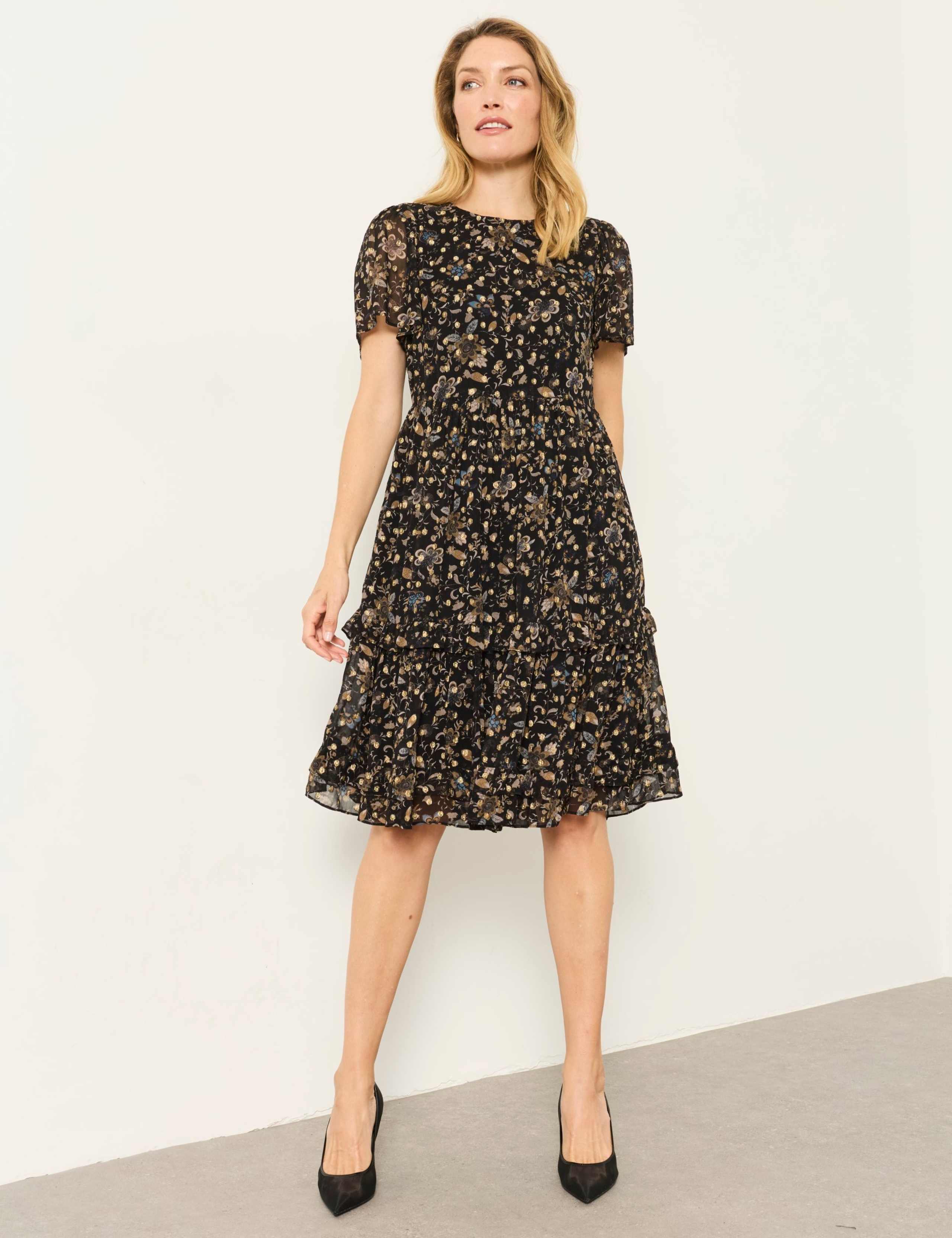 Metallic Spot Print Knee Length Tiered Dress