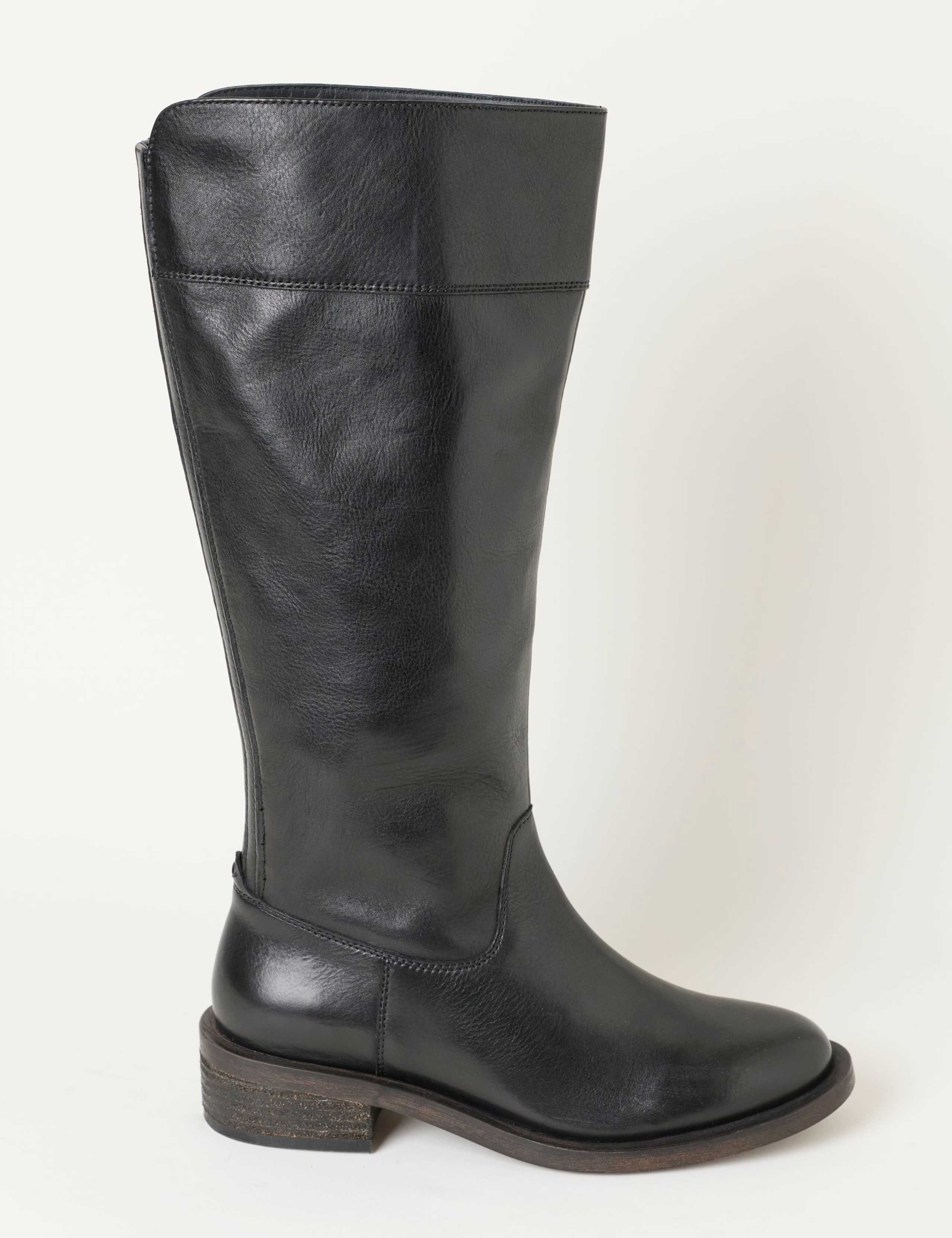 Leather Block Heel Knee High Riding Boots