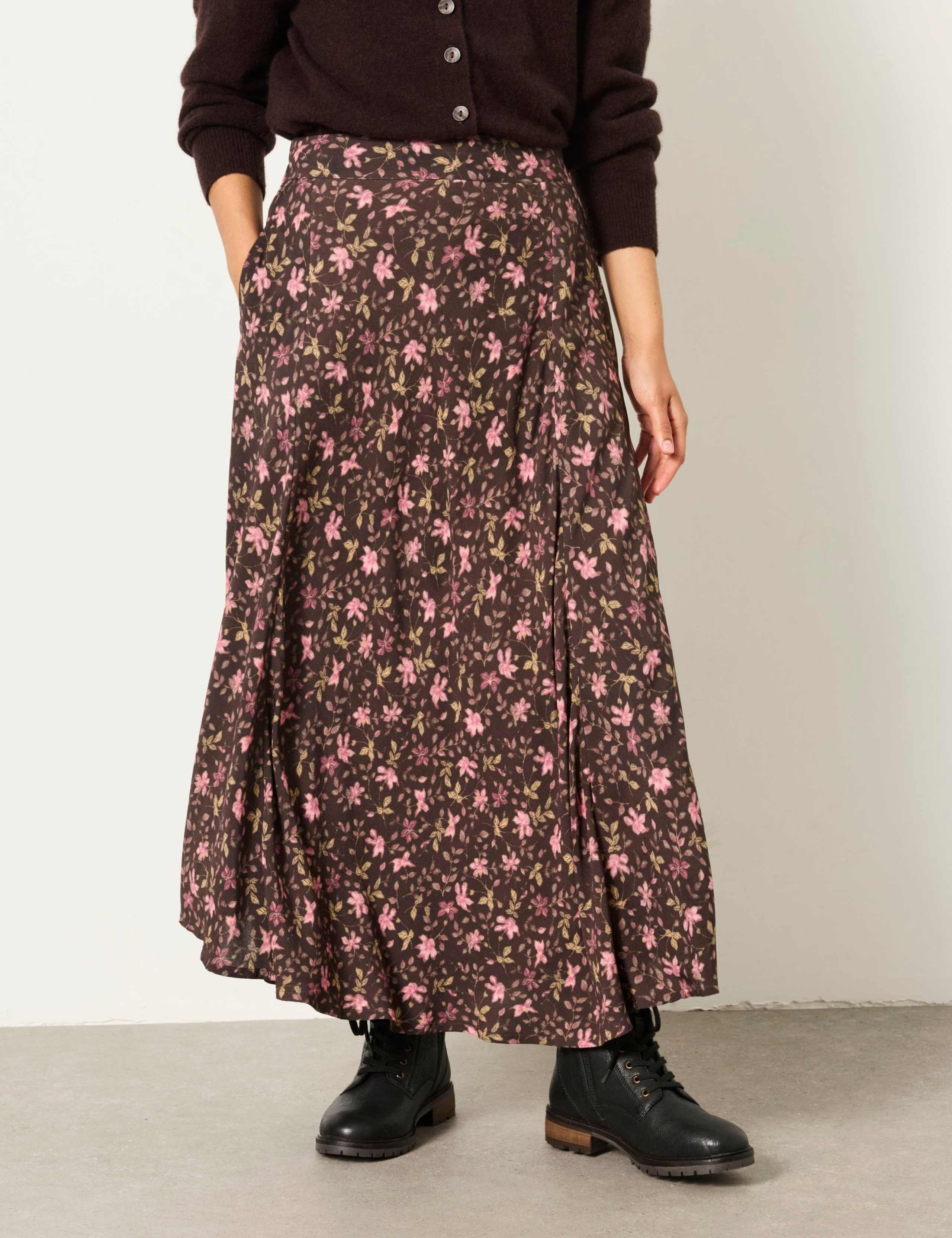 Pure Viscose Floral Midi A-Line Skirt