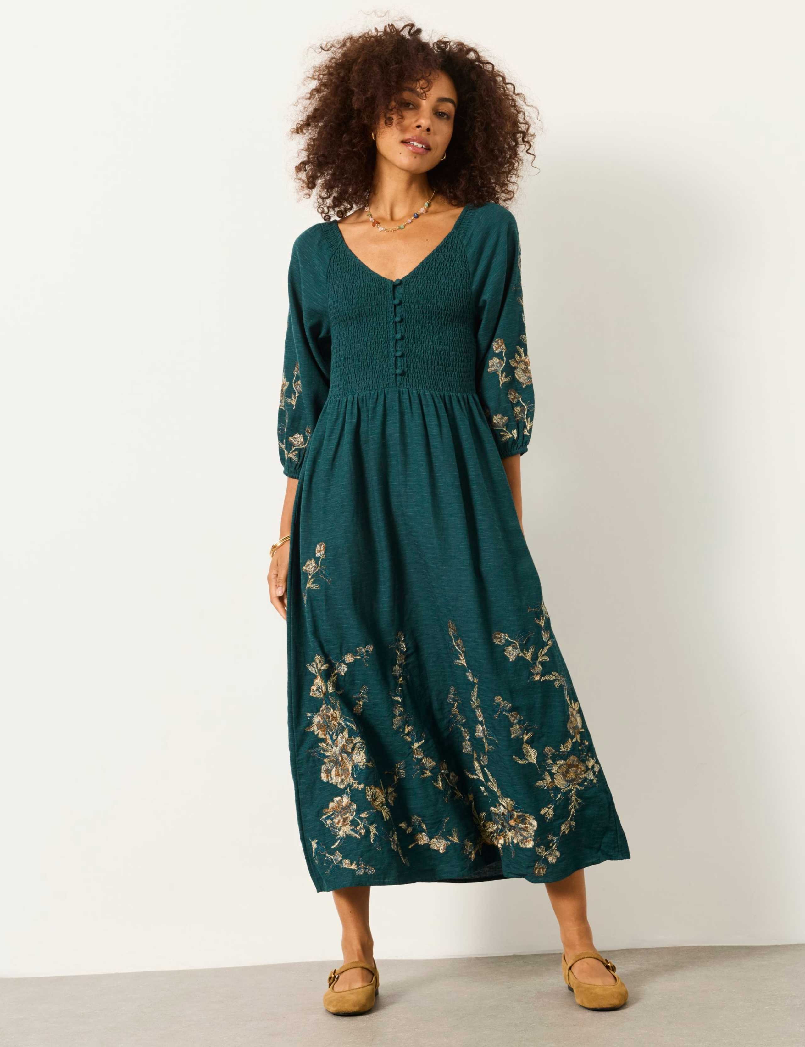 Embroidered Square Neck Midi Smock Dress