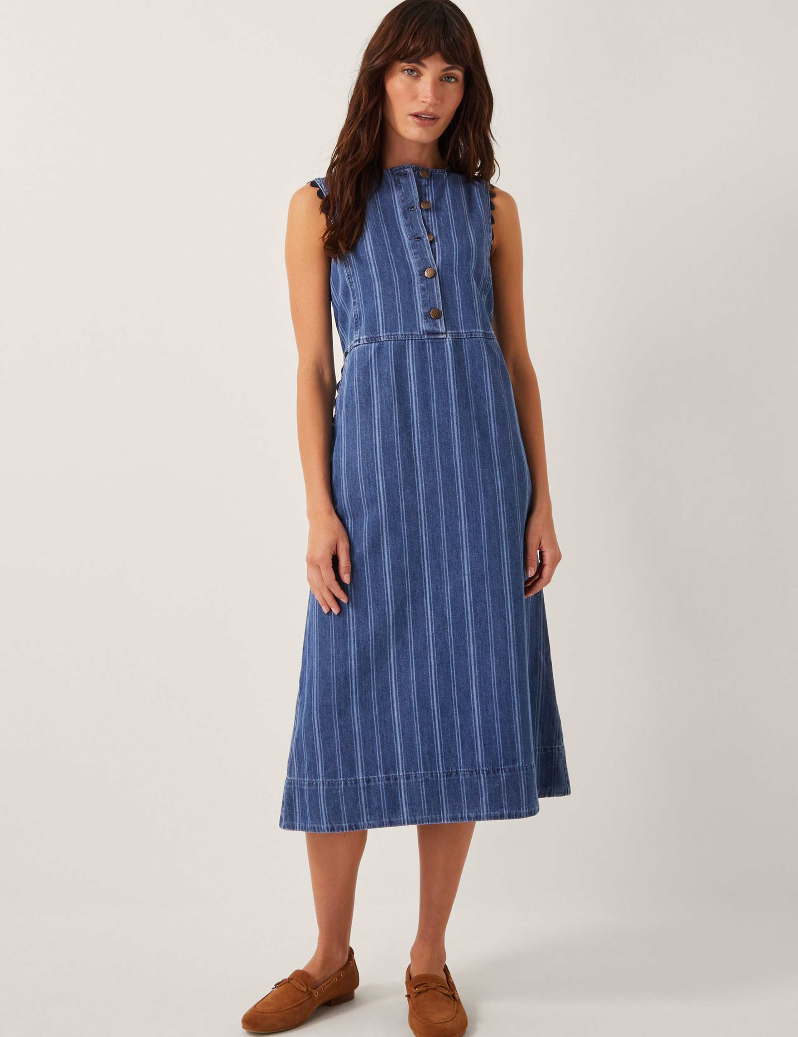 Pure Cotton Denim Striped Midi Shirt Dress