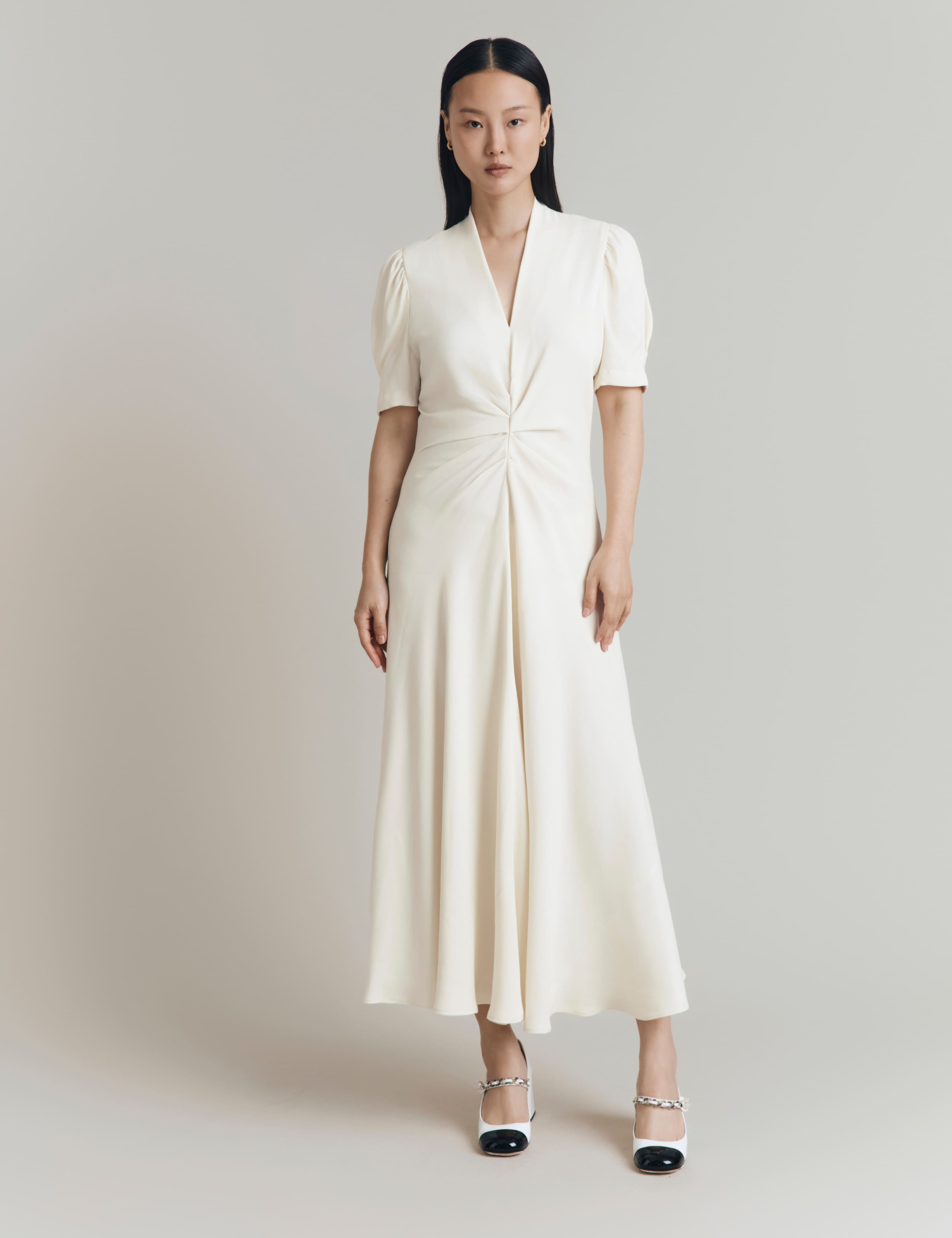 Crepe V-Neck Midi Tea Dress