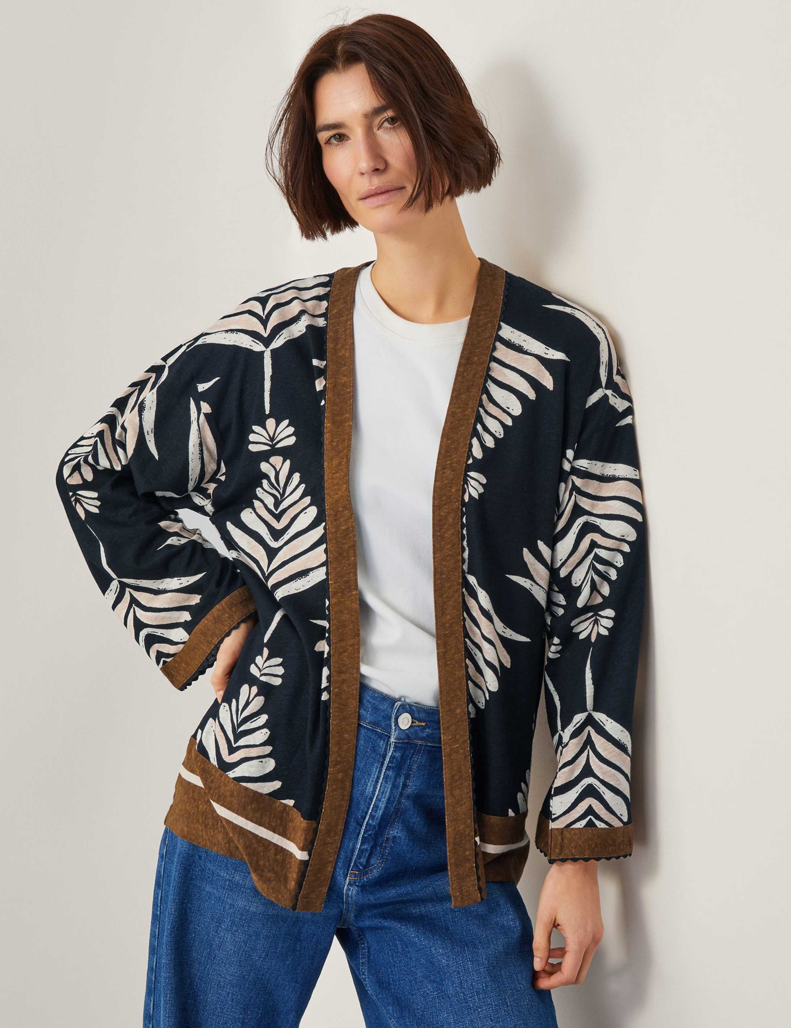 Linen Rich Leaf Print Kimono