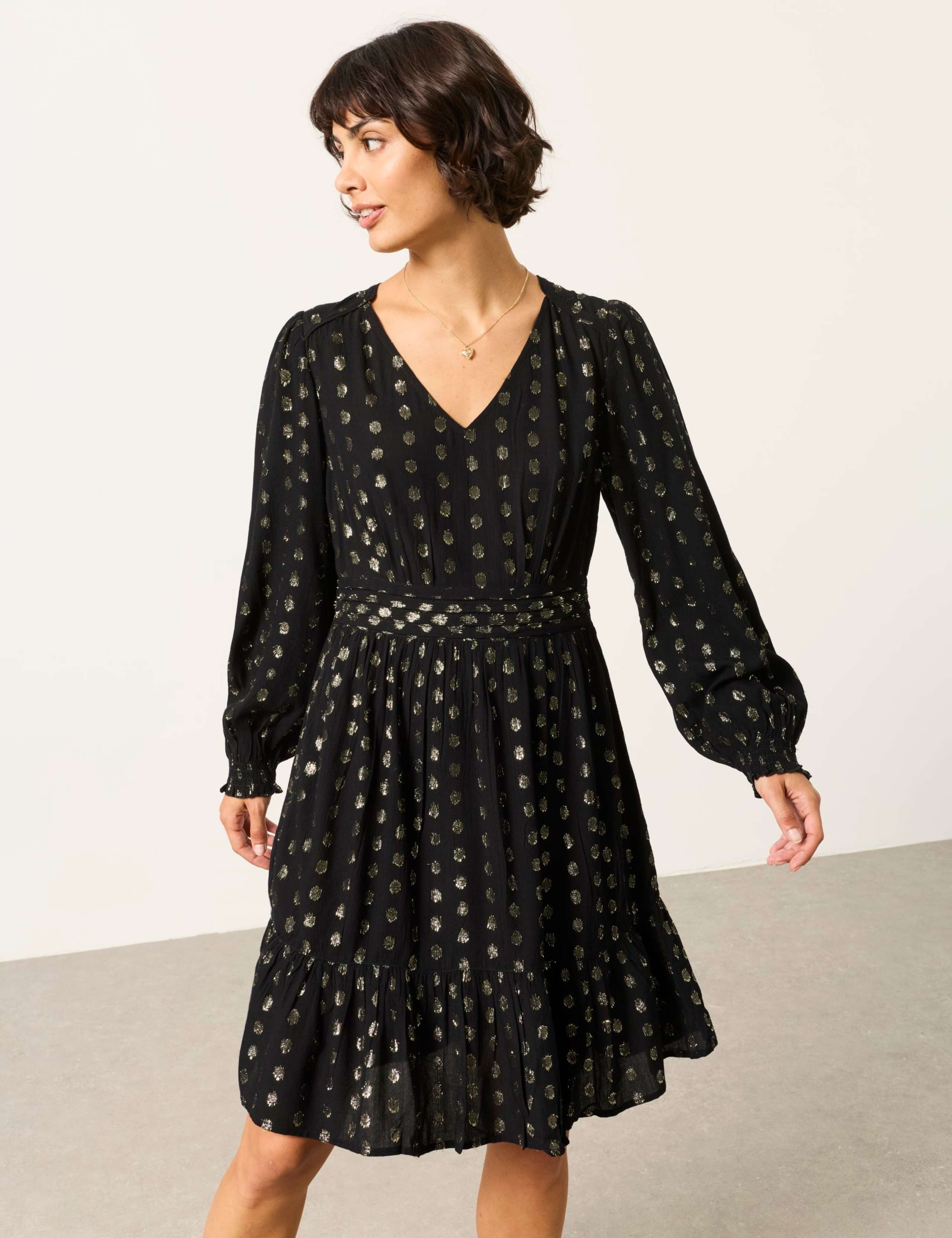 Metallic V Neck Mini Smock Dress