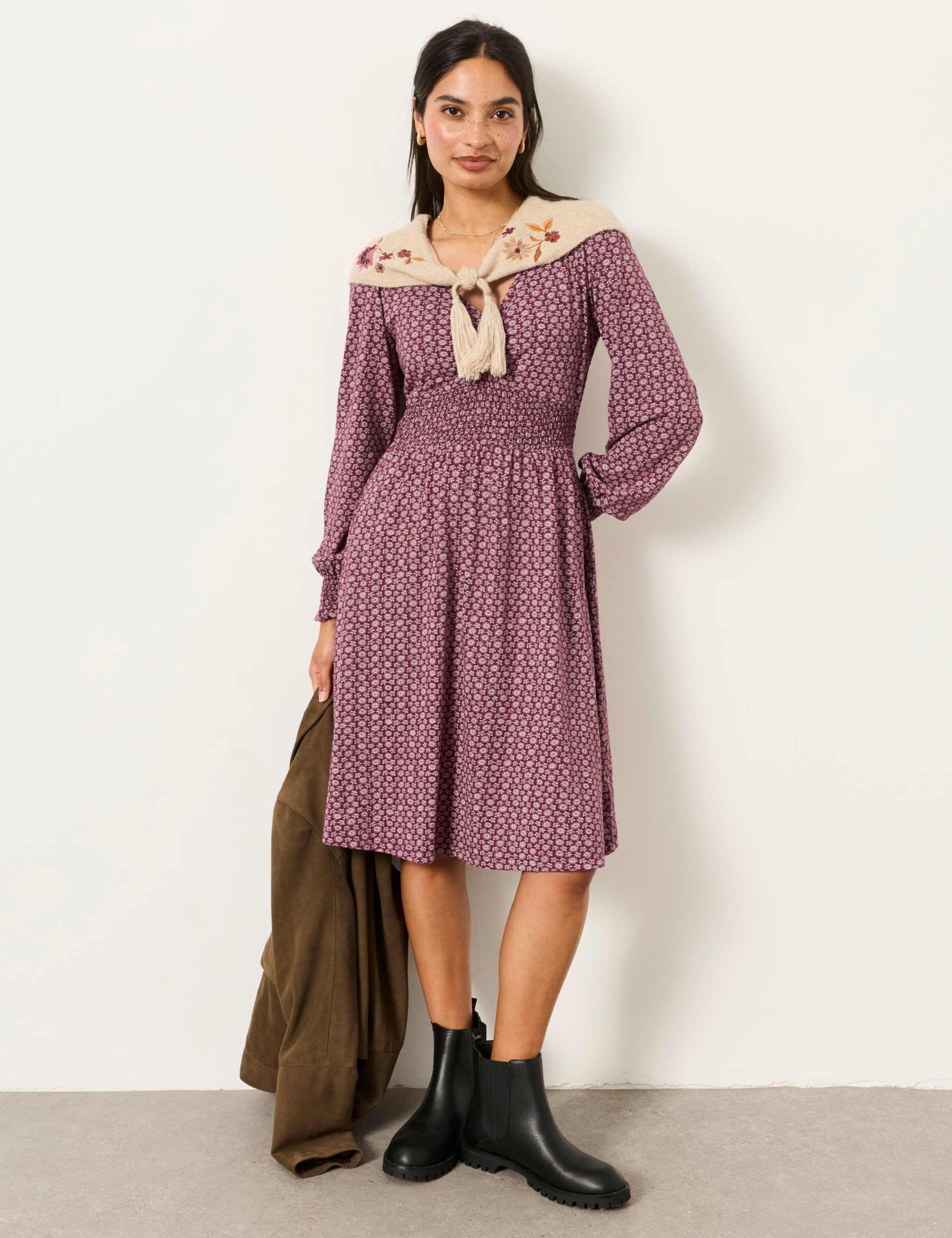 Cotton Rich Floral V Neck Mini Smock Dress