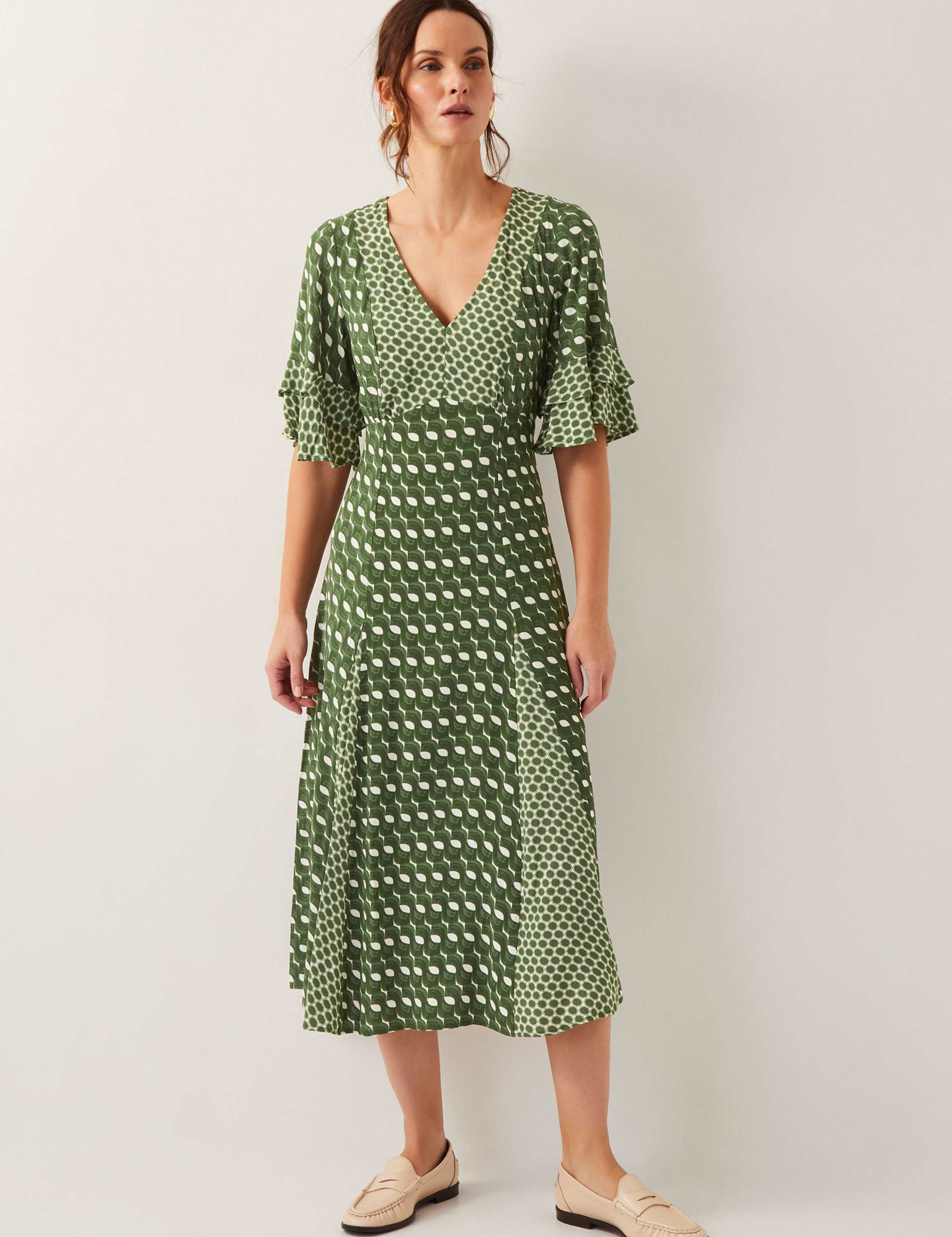 Geometric V-Neck Frill Sleeve Midi Tea Dress