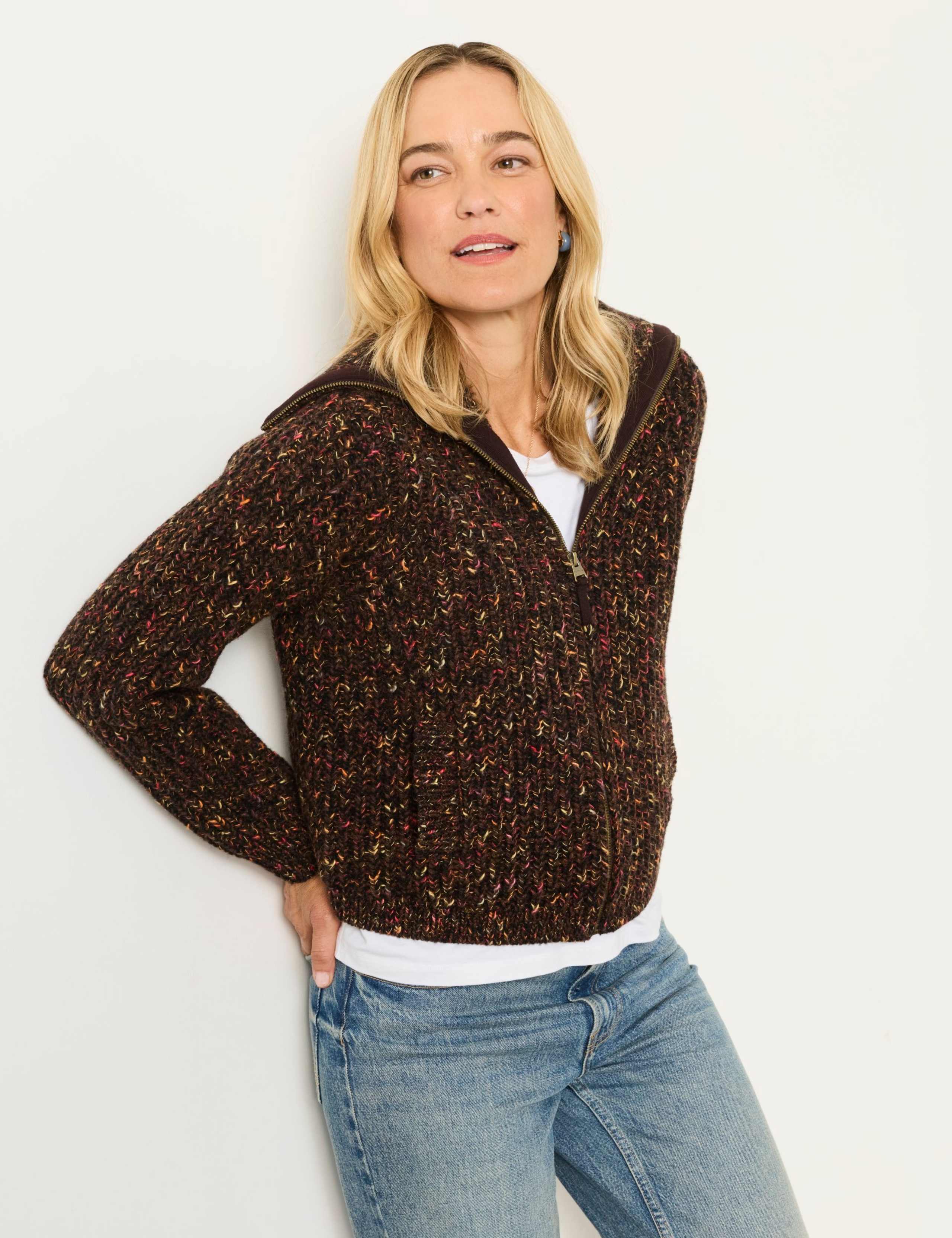 Wool Rich Funnel Neck Zip Up Cardigan