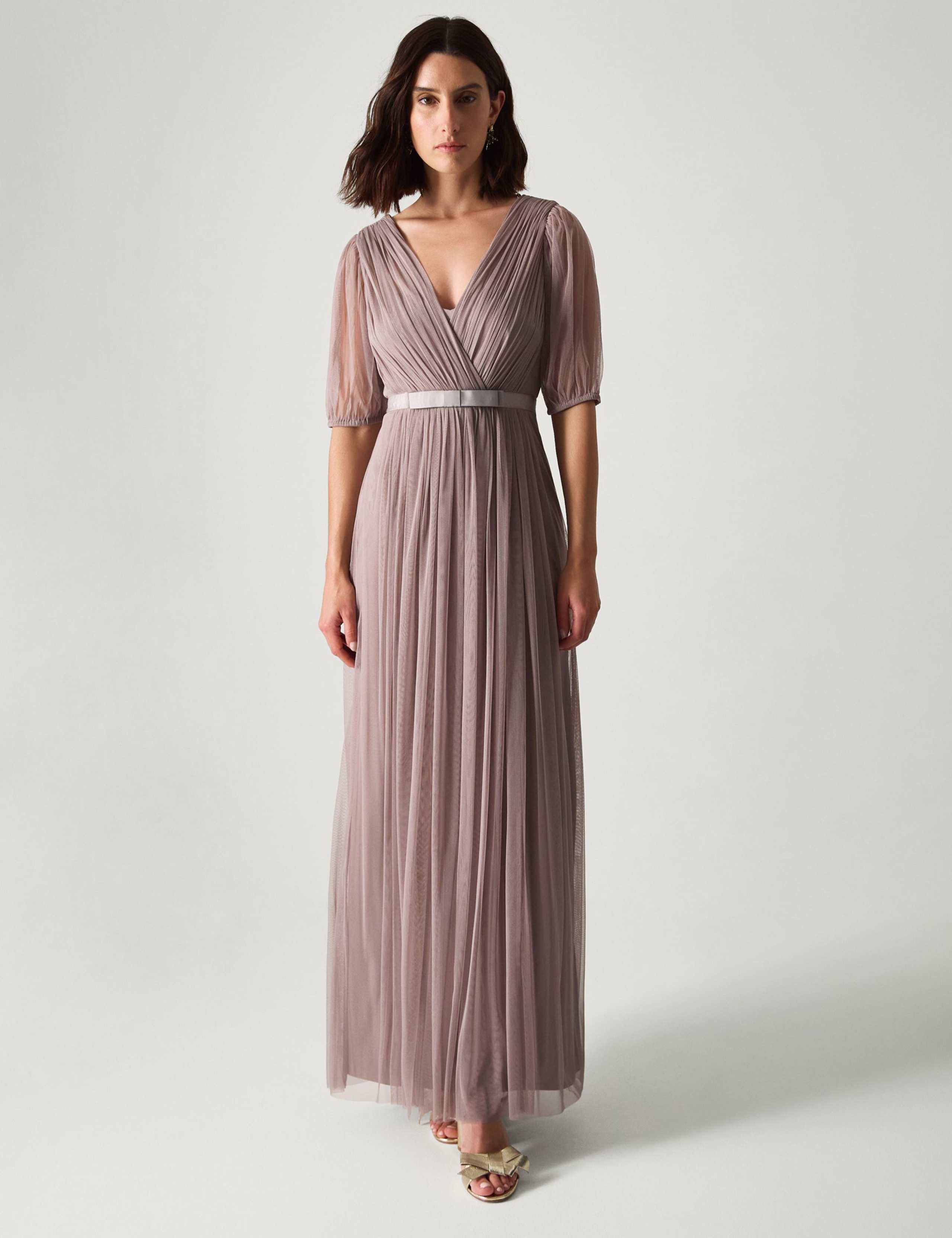 V-Neck Sheer Sleeve Maxi Column Dress