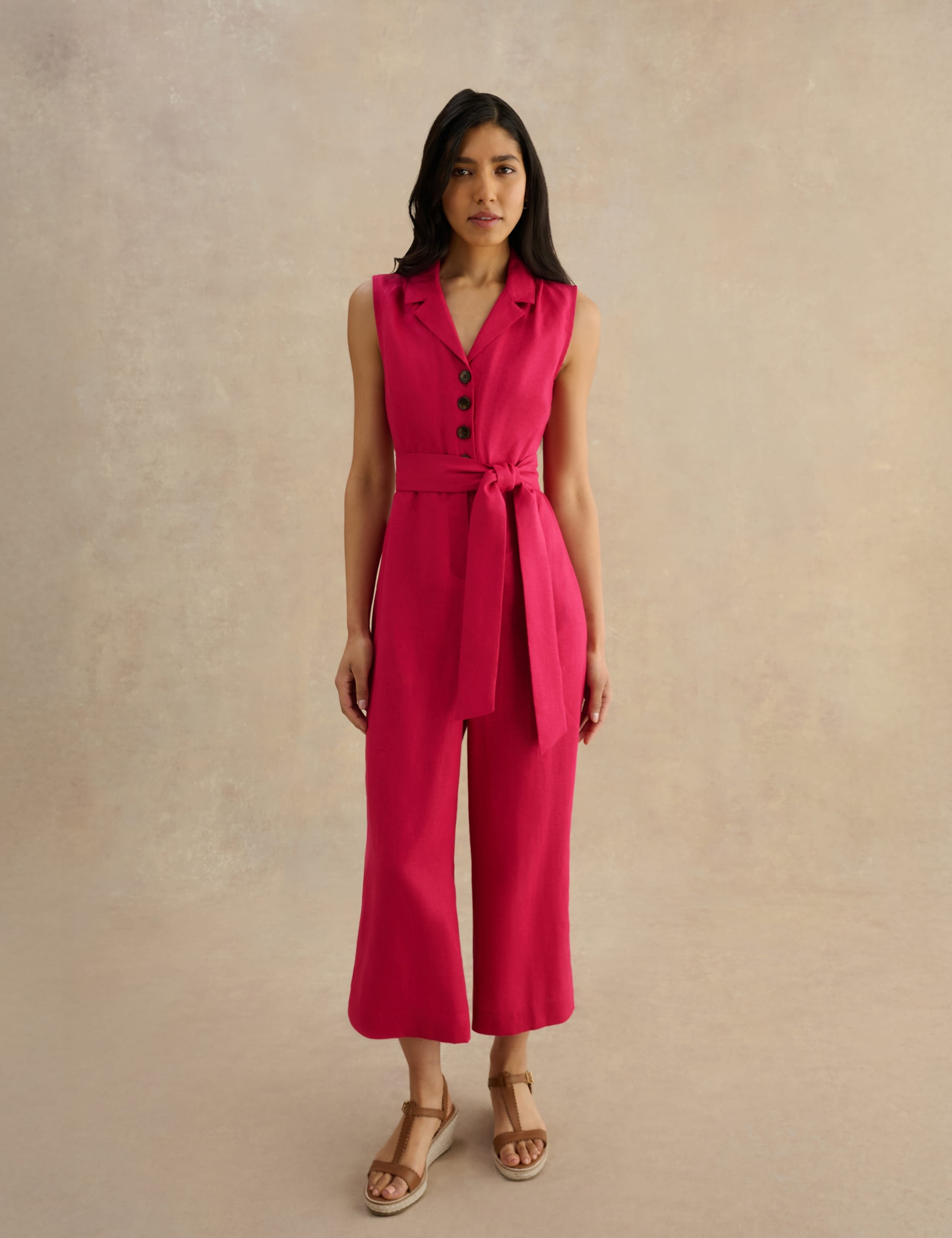 Pure Linen Sleeveless Cropped Jumpsuit