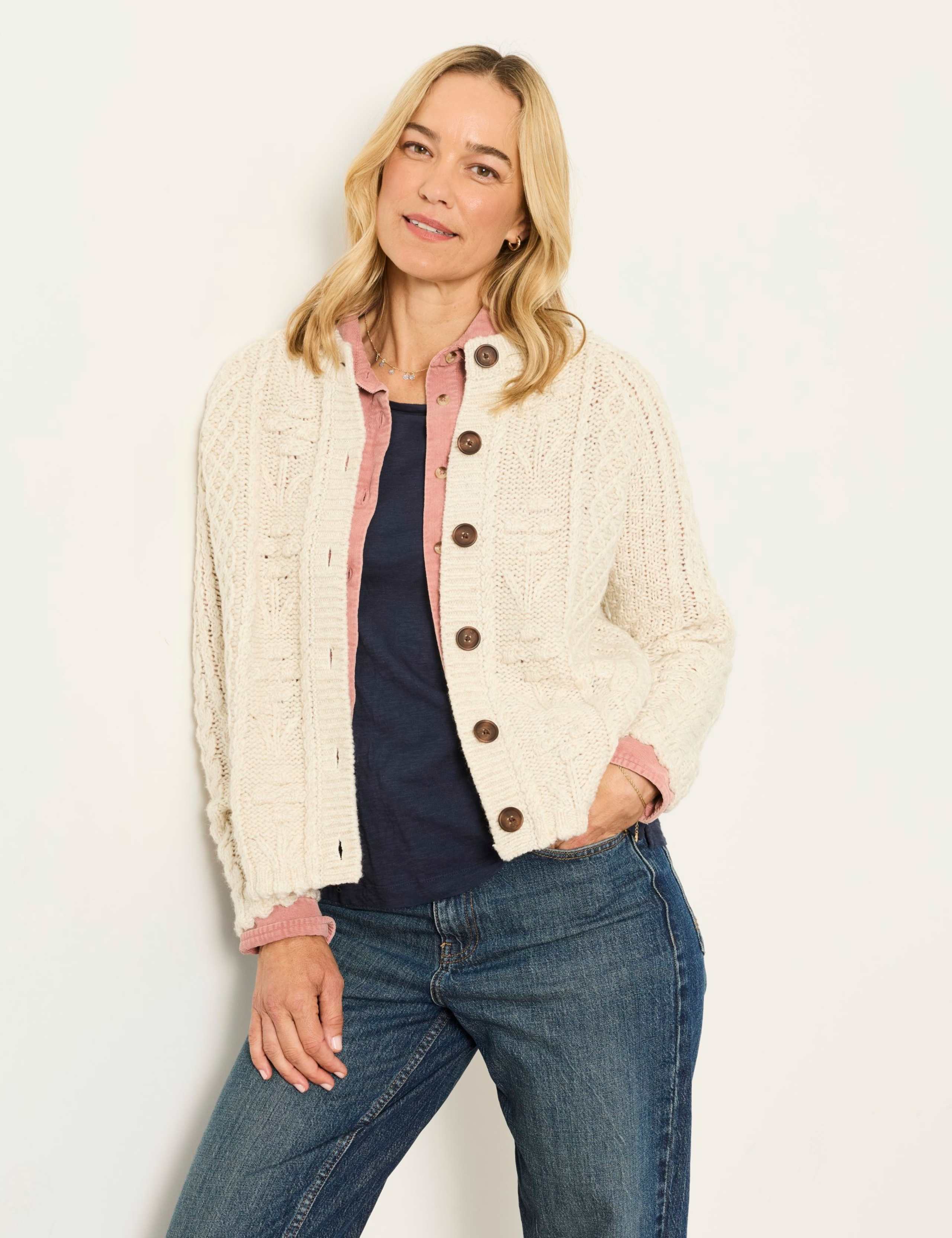 Wool Blend Floral Cable Knit Button Front Cardigan