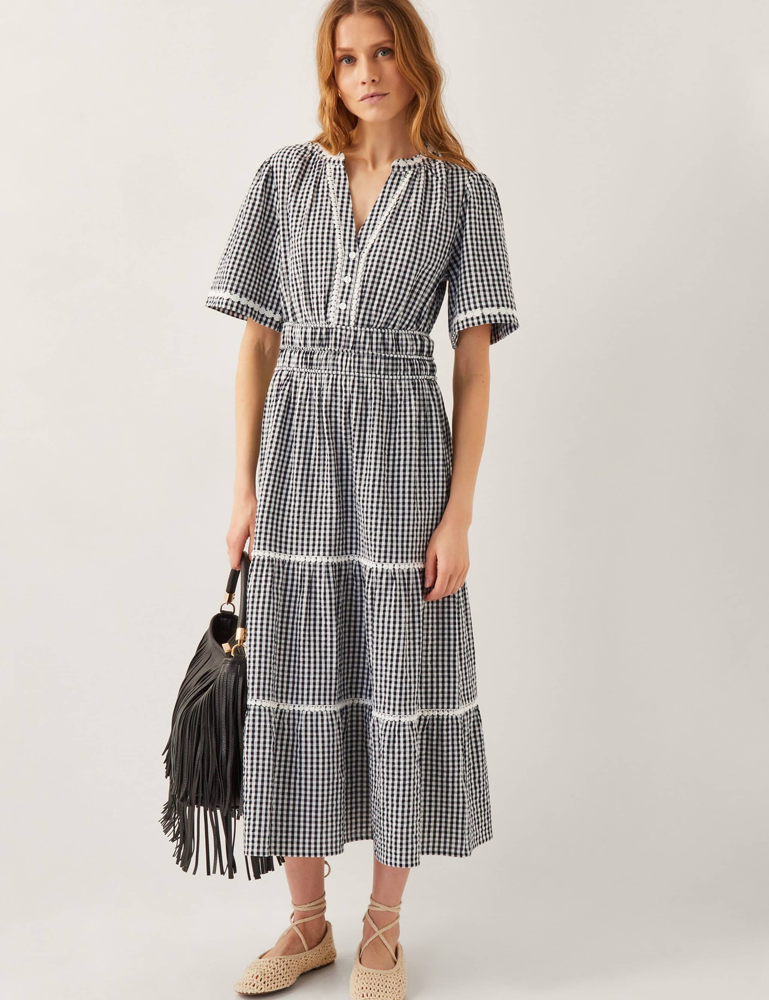 Pure Cotton Gingham Midi Tiered Dress