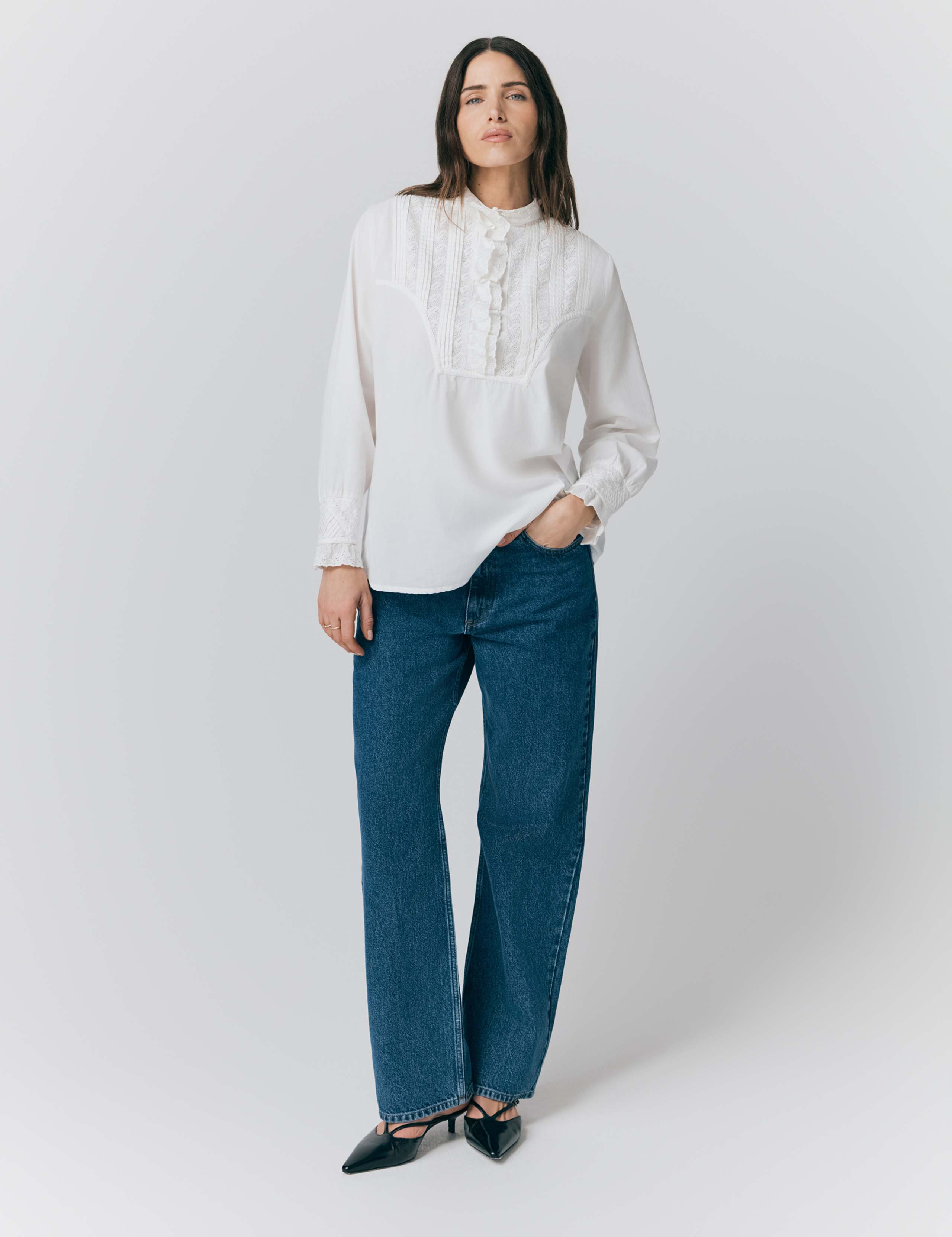 Pure Cotton EmbroideredLace Detail Shirt