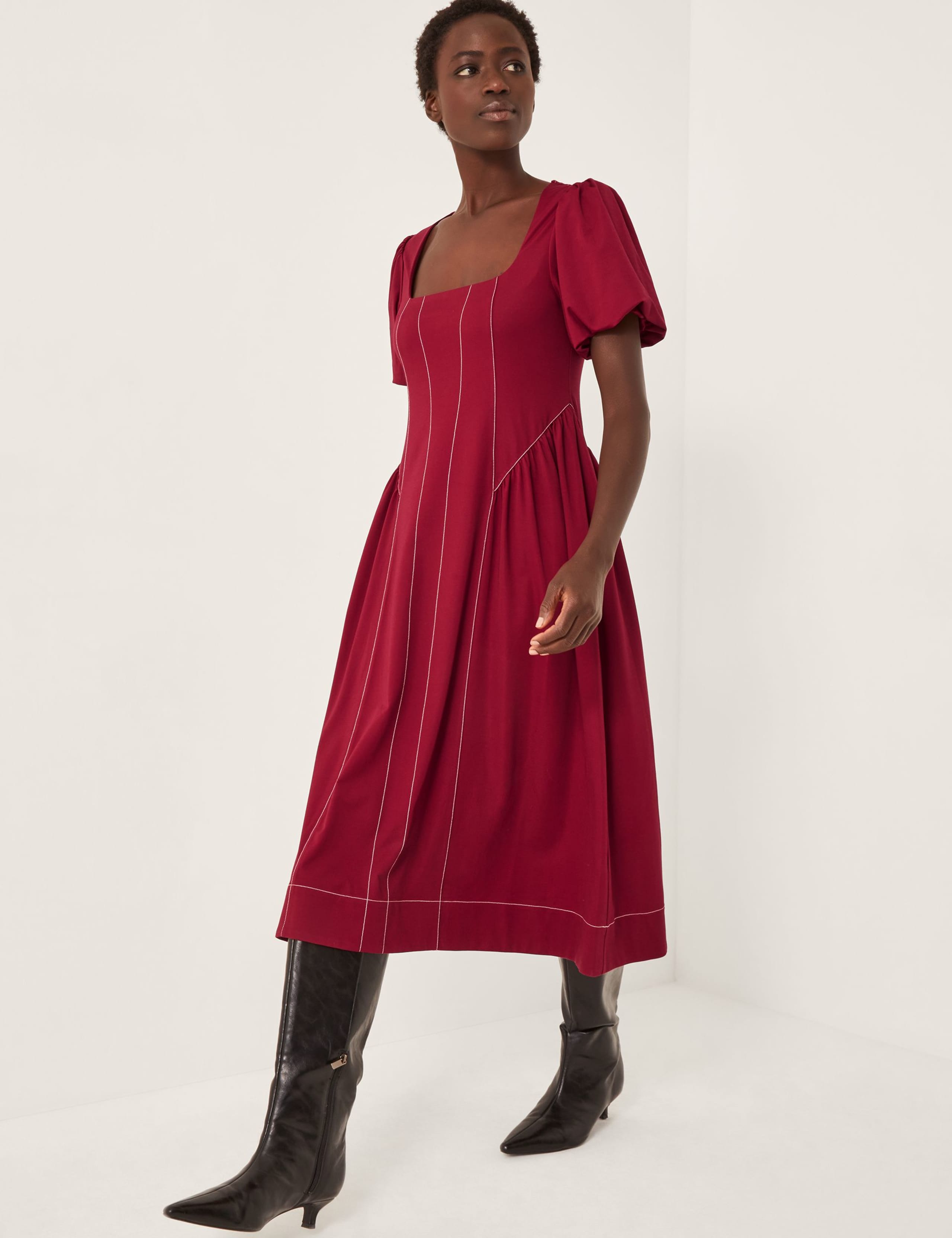 Jersey Square Neck Puff Sleeve Midi Dress