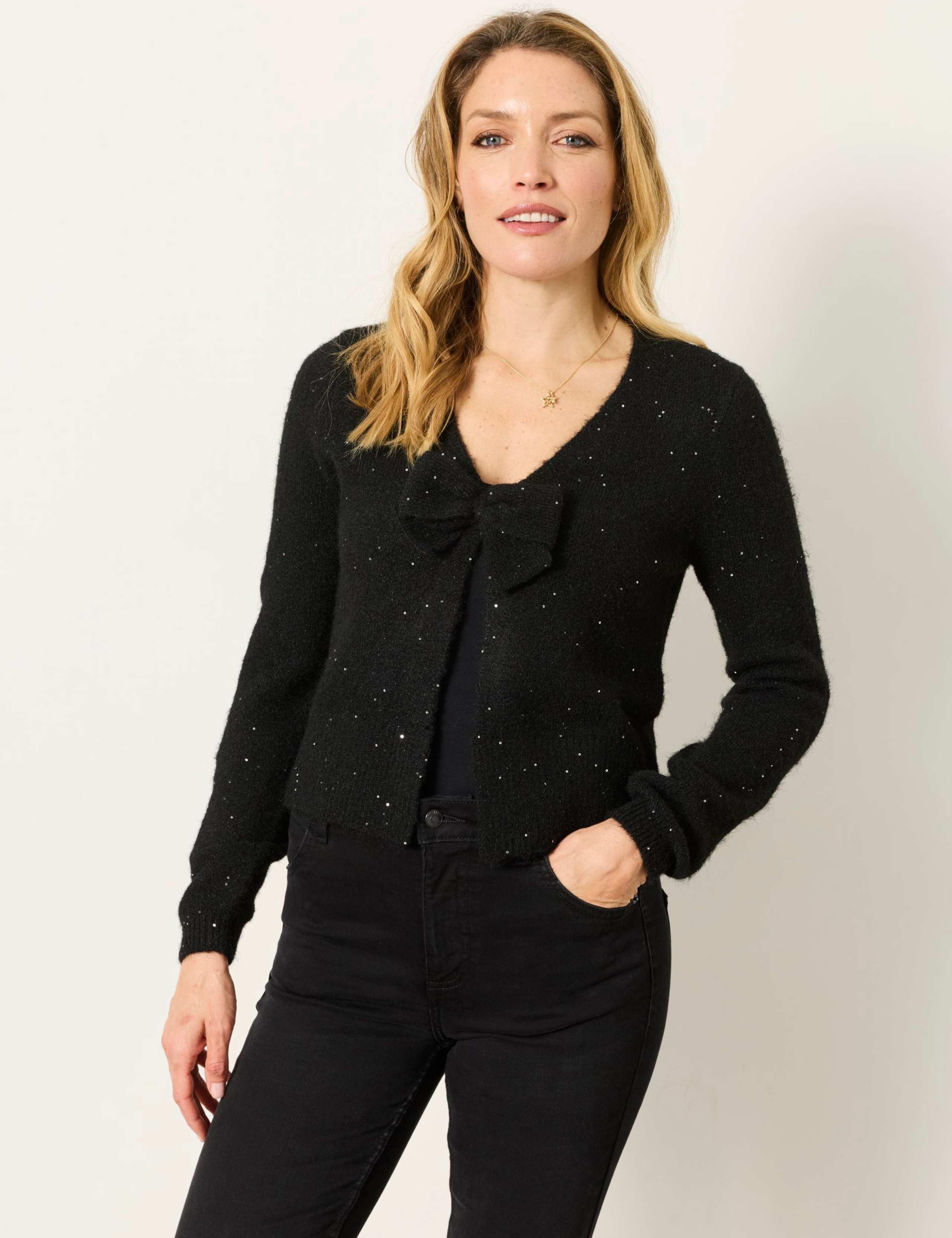 V-Neck Bow Detail Jumper with Wool