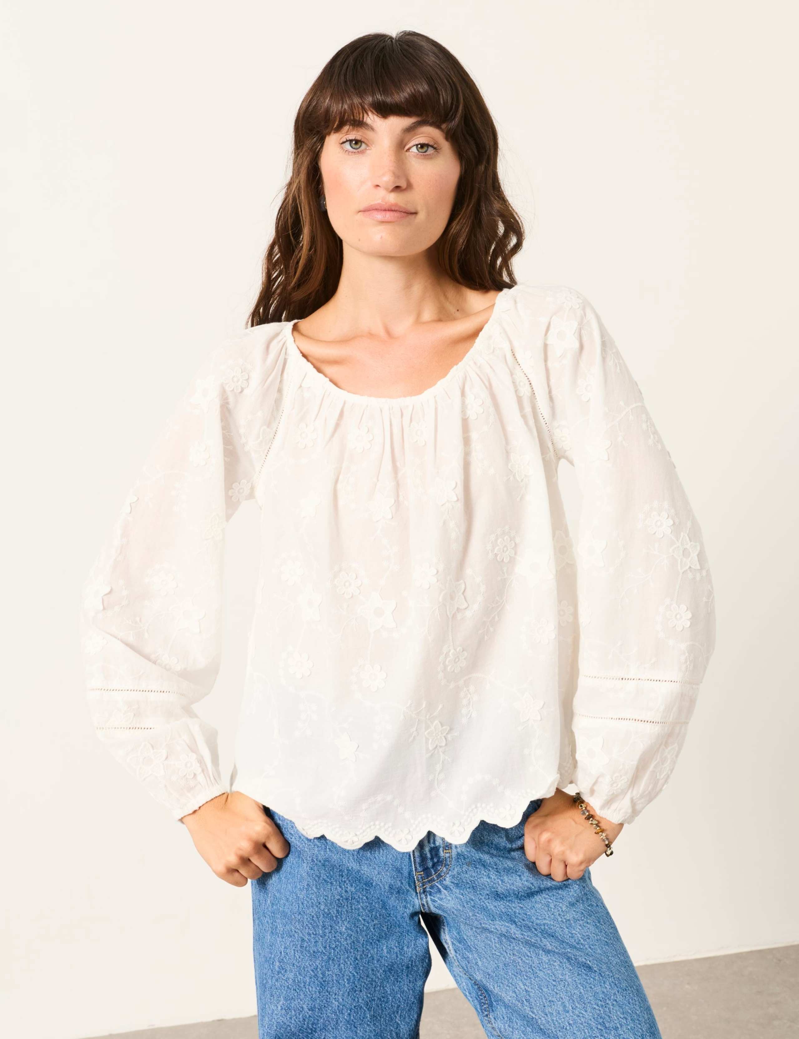 Cotton Rich Floral Embroidered Blouse