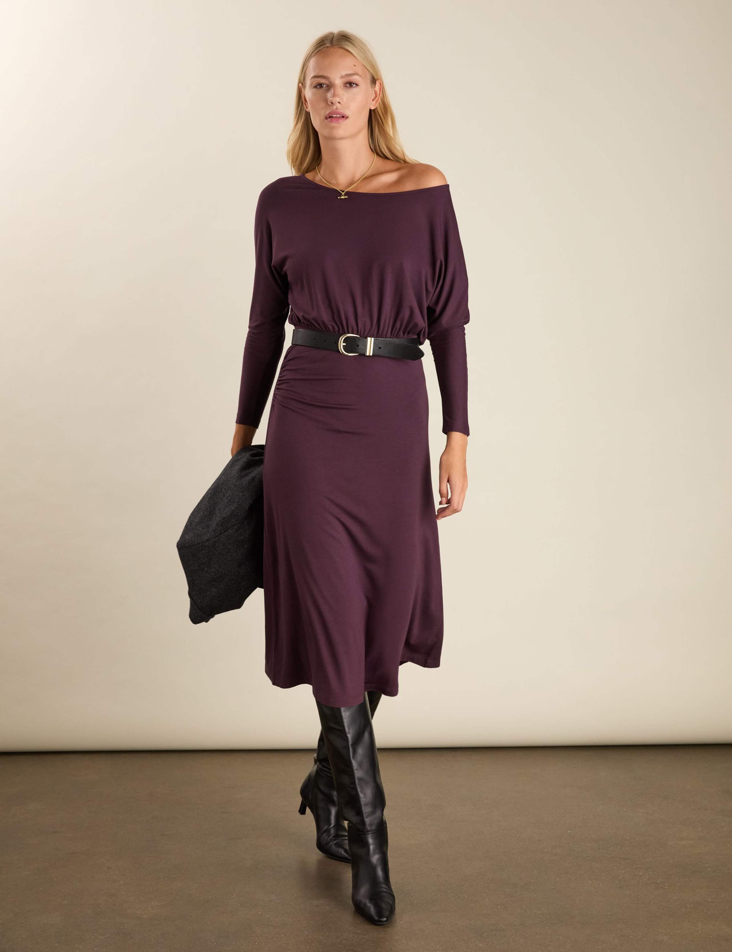 Jersey Slash Neck Midi Skater Dress