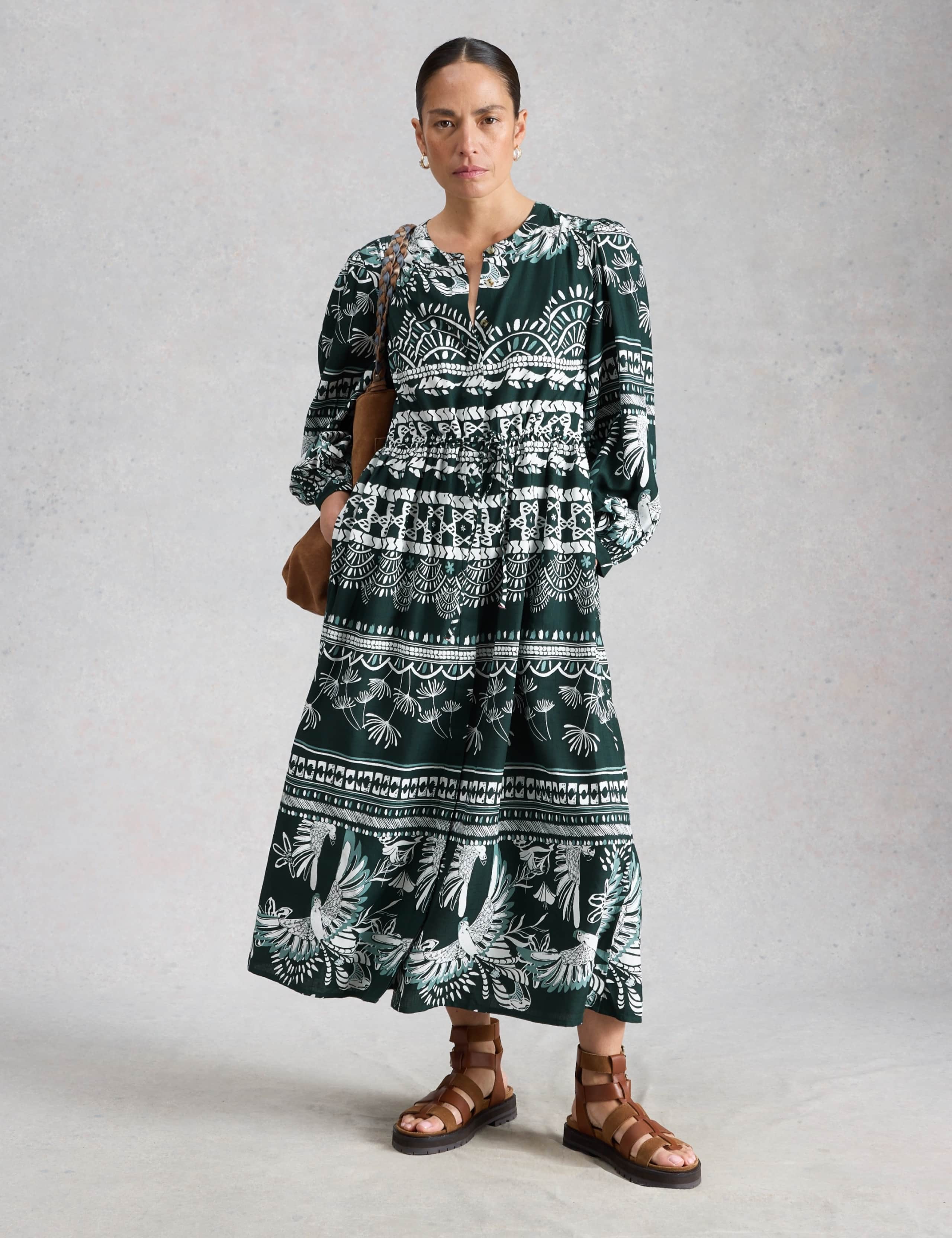 Printed Tie Waist Midi Tea Dress