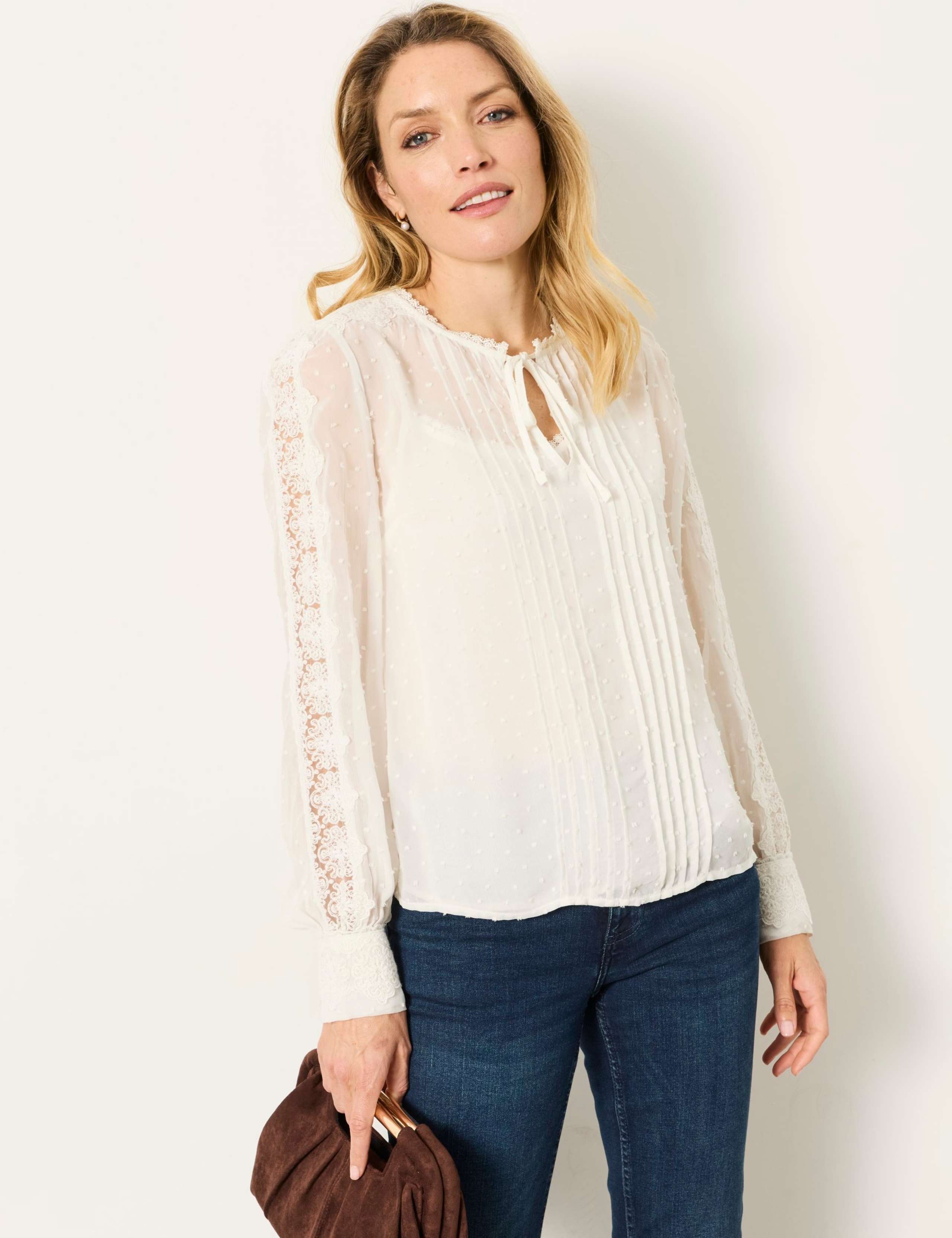 Embroidered Lace Tie Neck Blouse
