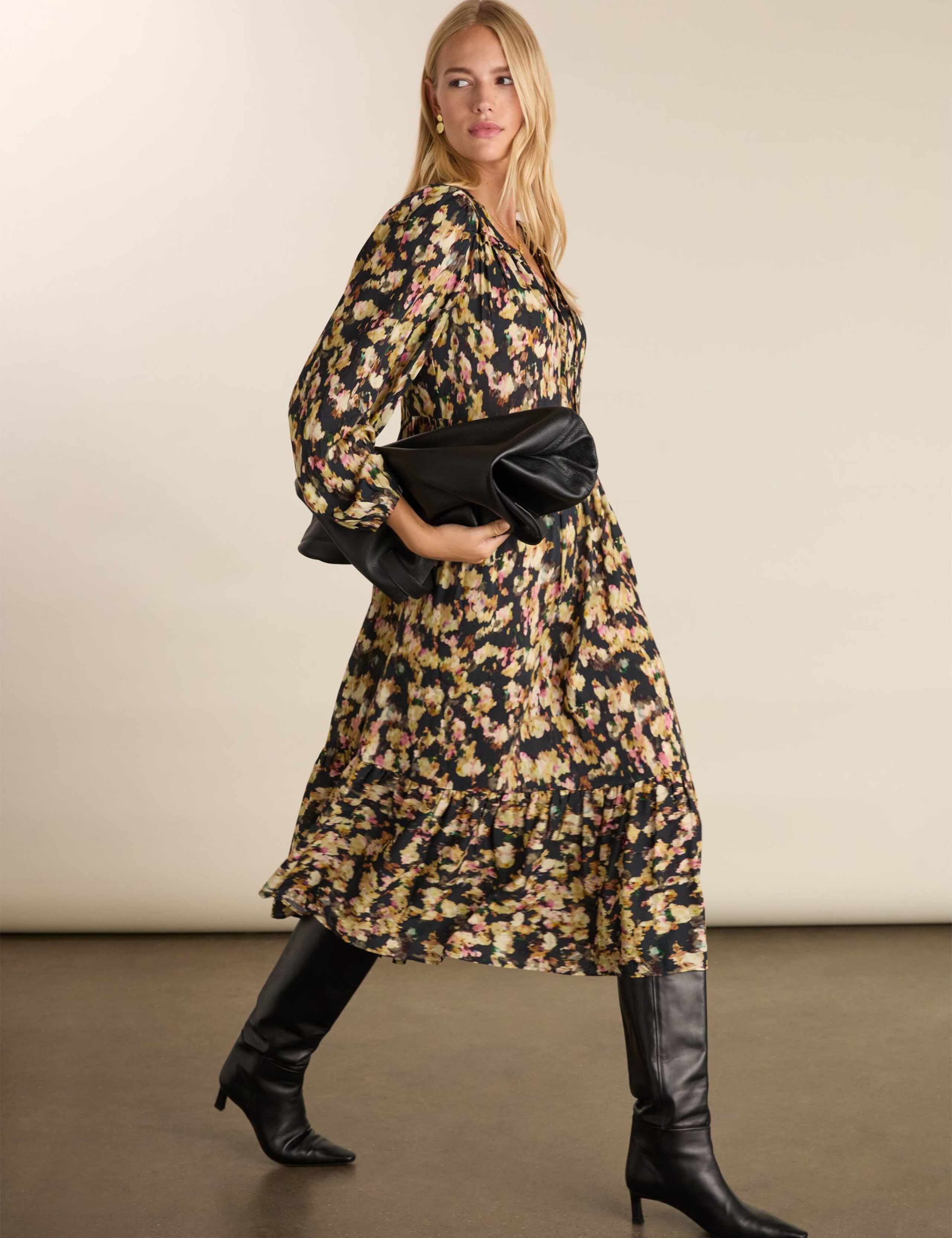 Printed Tie Neck Midi Tiered Dress