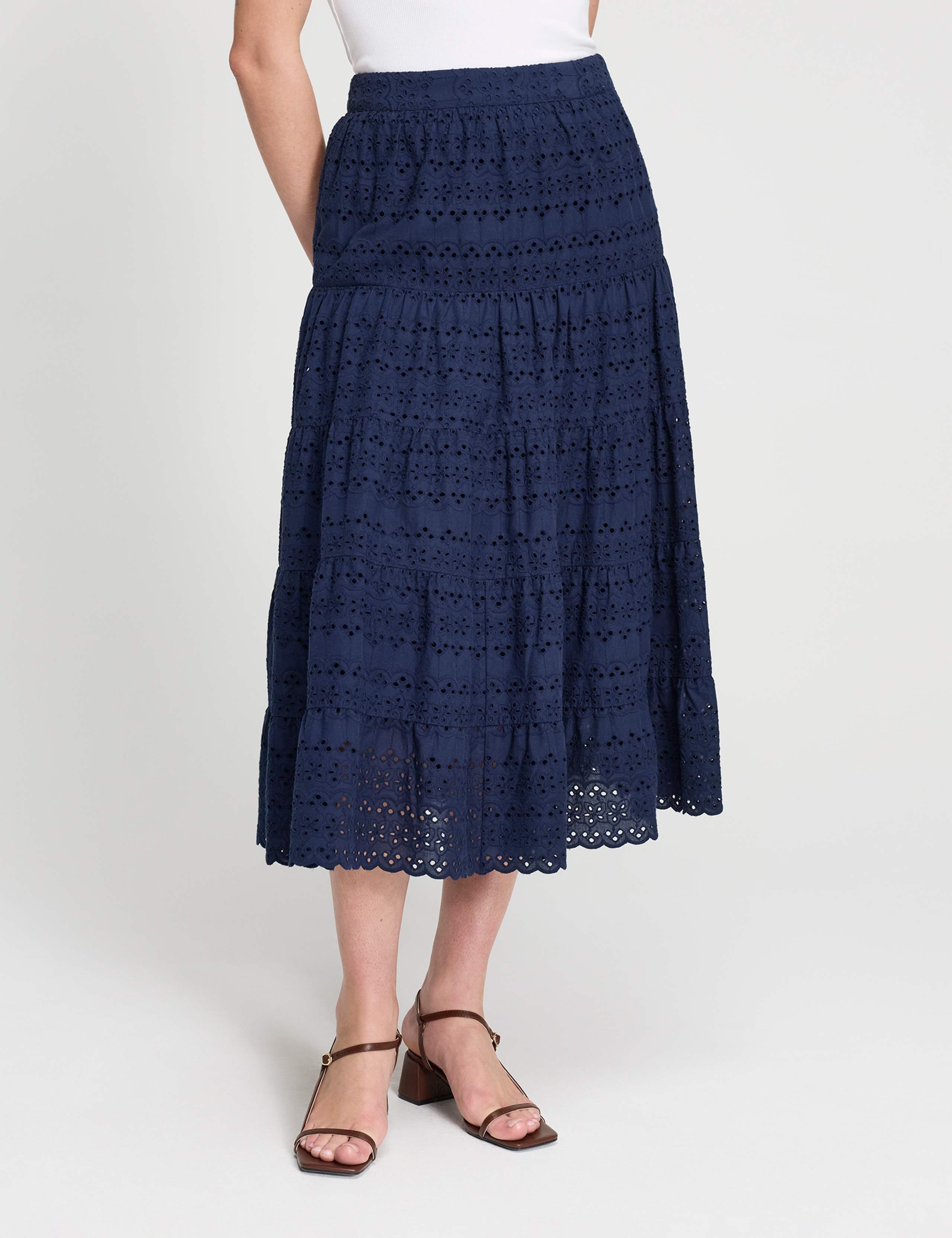 Pure Cotton Broderie Midi Tiered Skirt