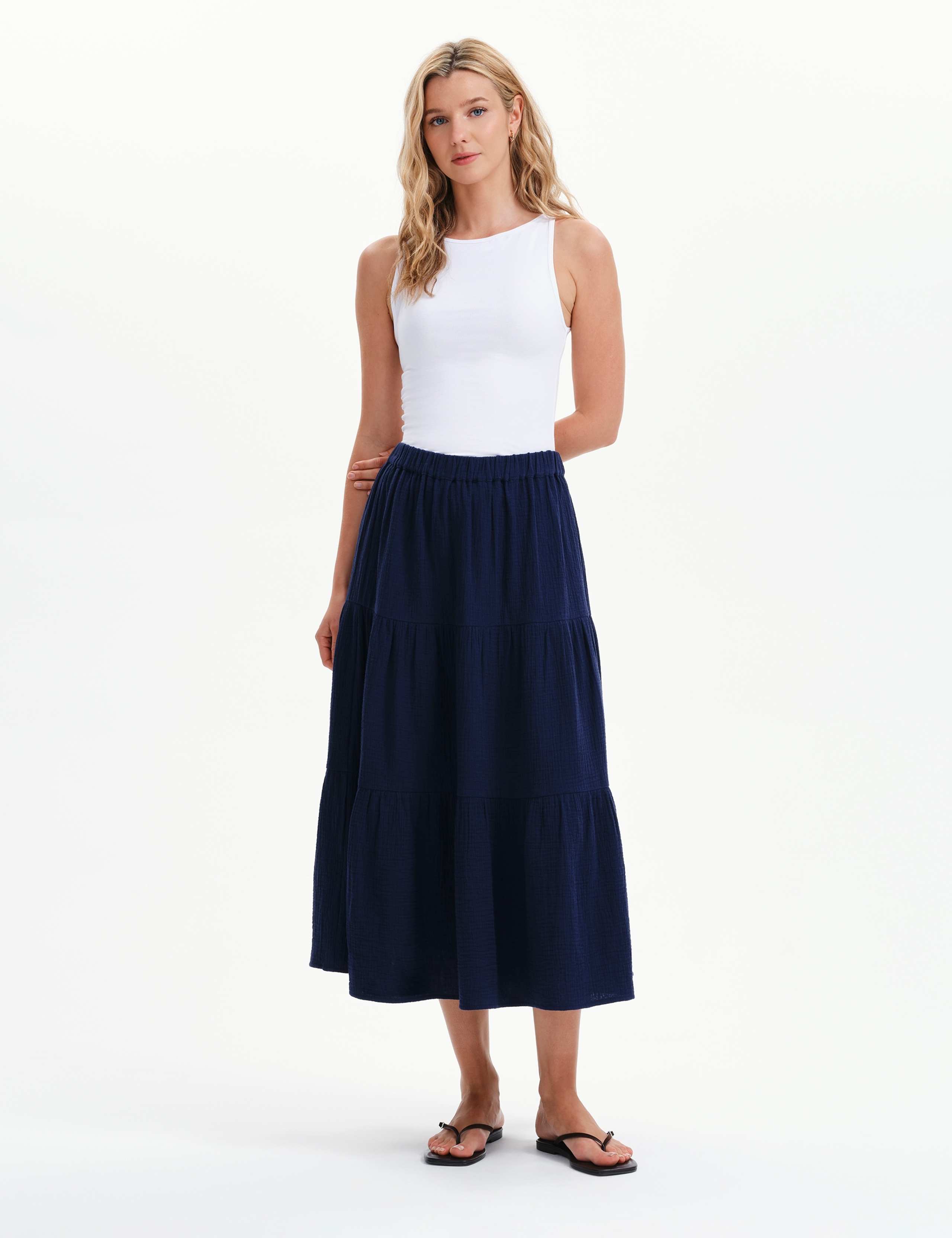 Pure Cotton Cheesecloth Midi Tiered Skirt