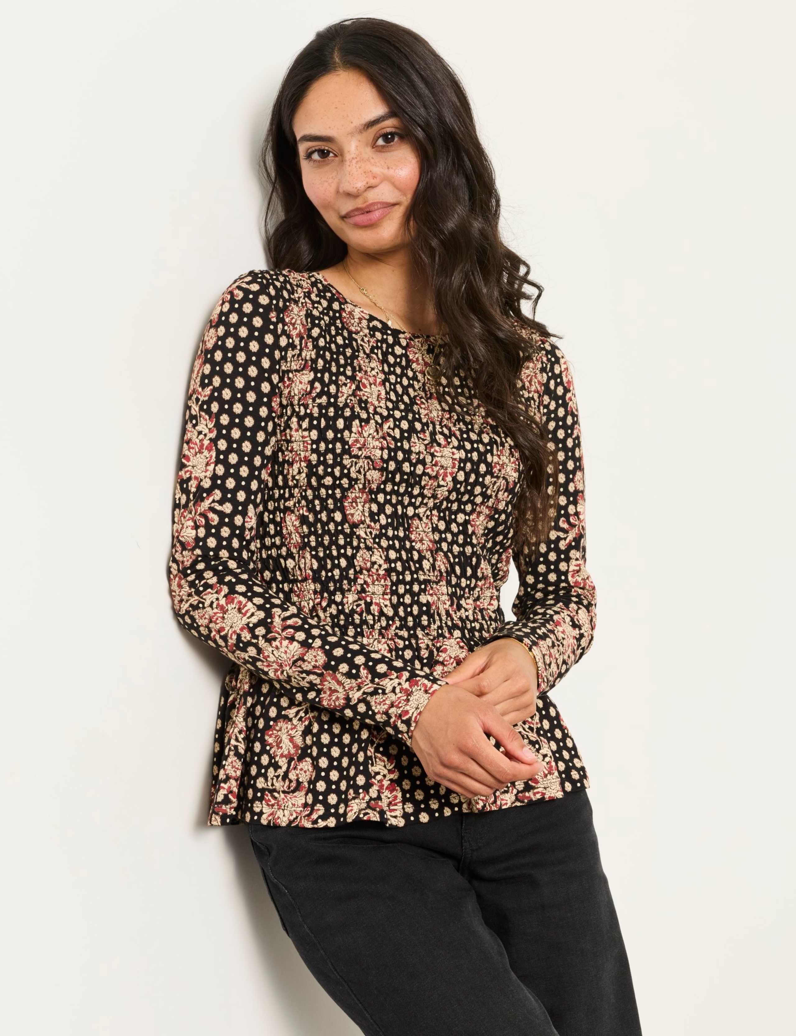 Cotton Rich Floral Shirred Peplum Top