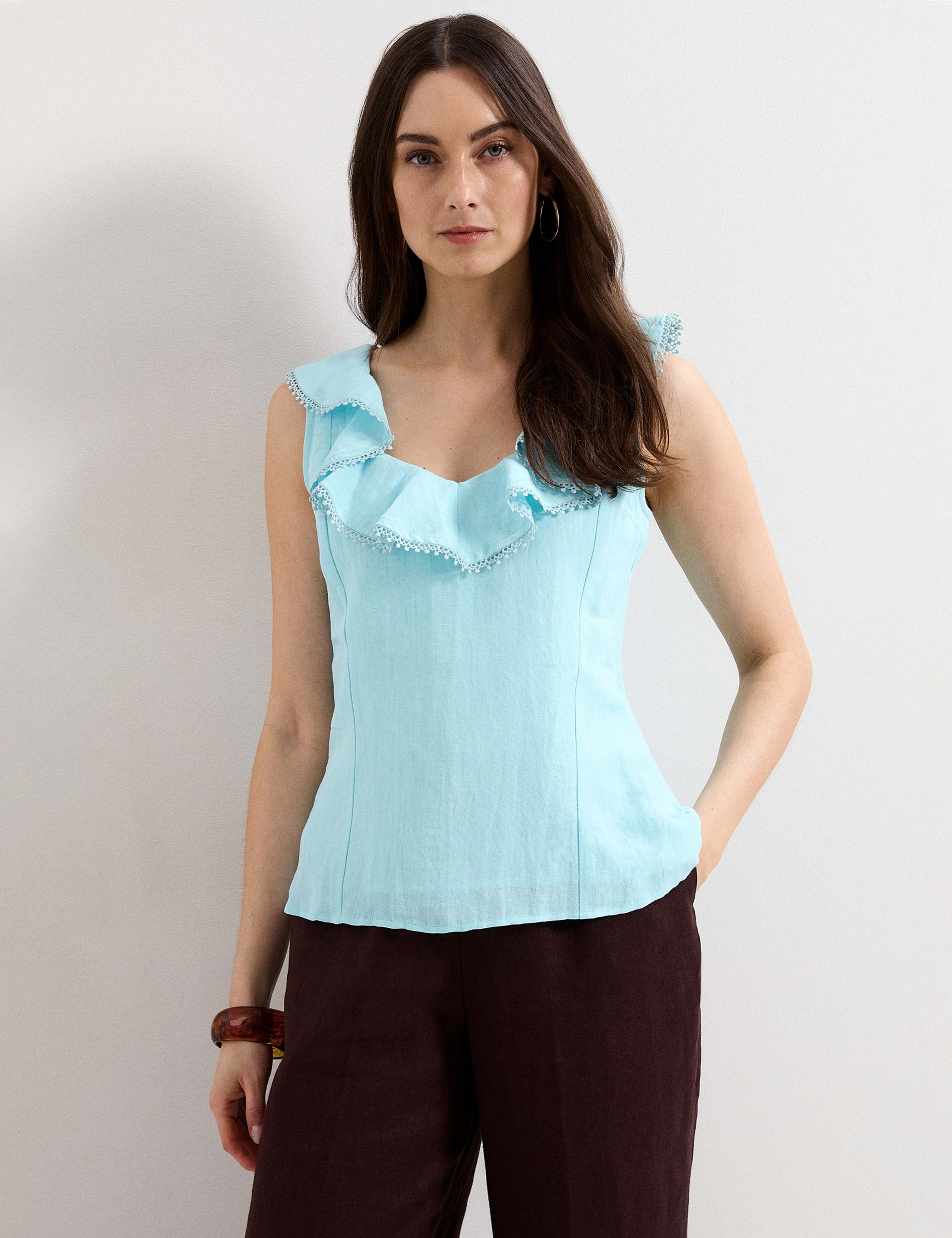Linen Rich Ruffle Trim Top
