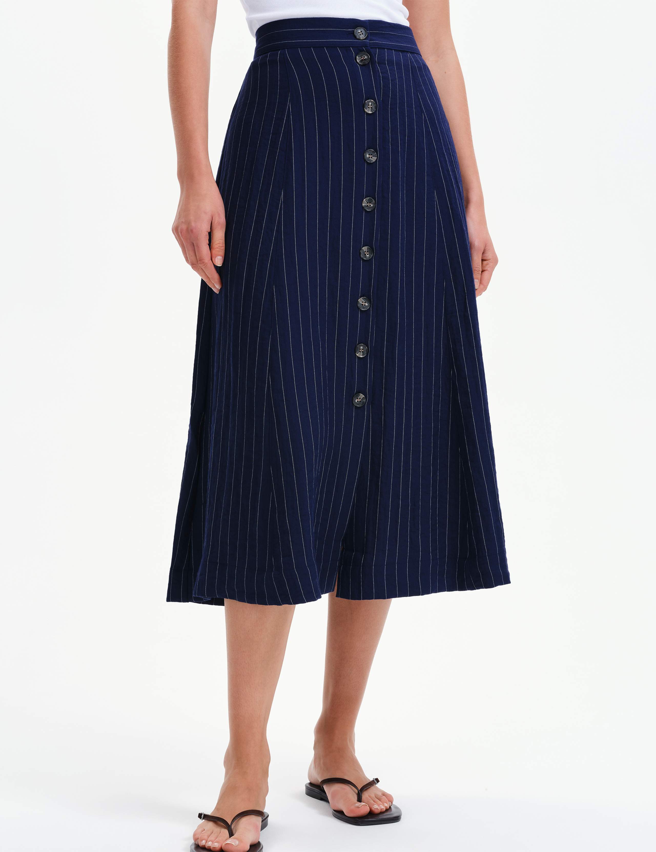 Striped Button Front Midi A-Line Skirt