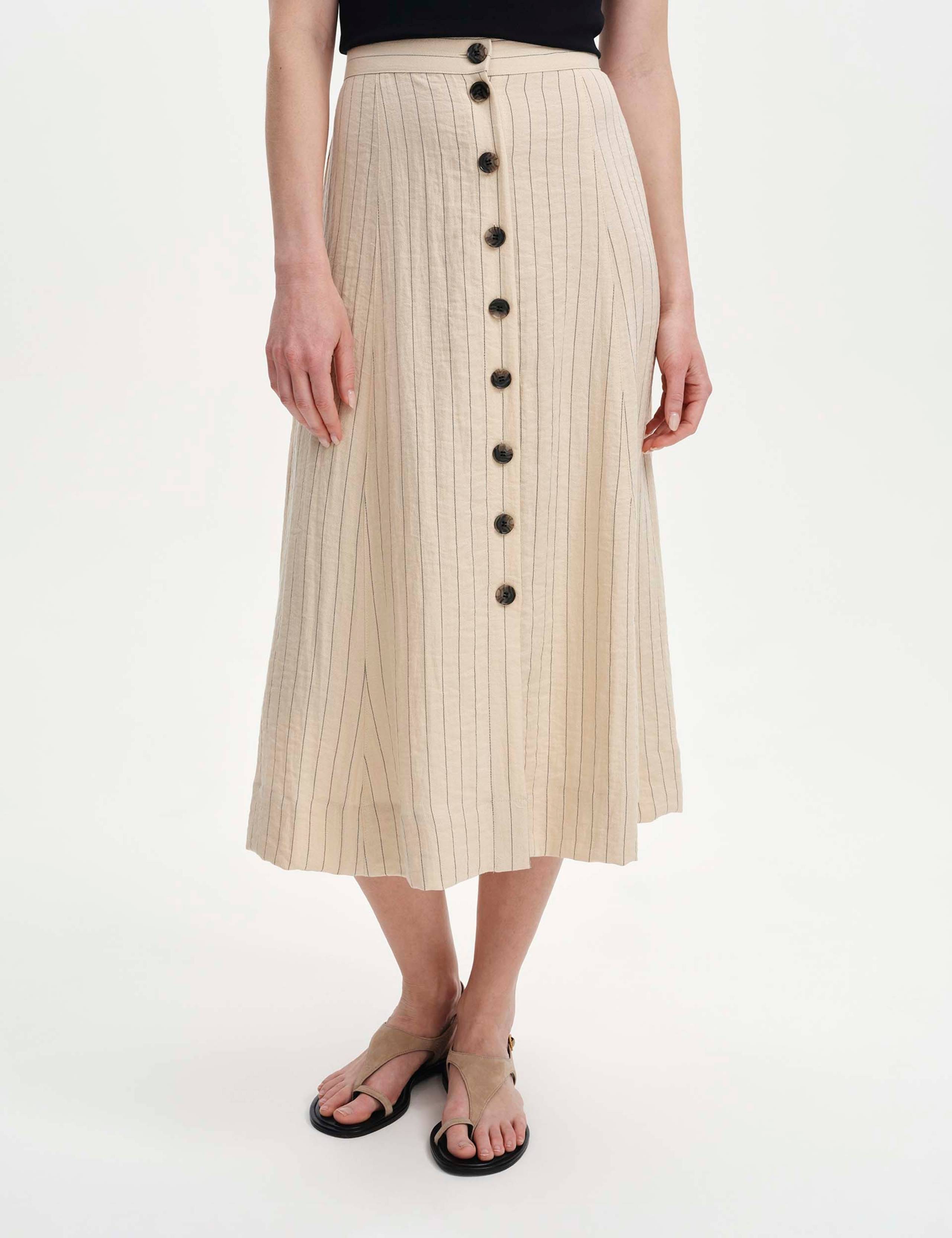 Striped Button Front Midi A-Line Skirt