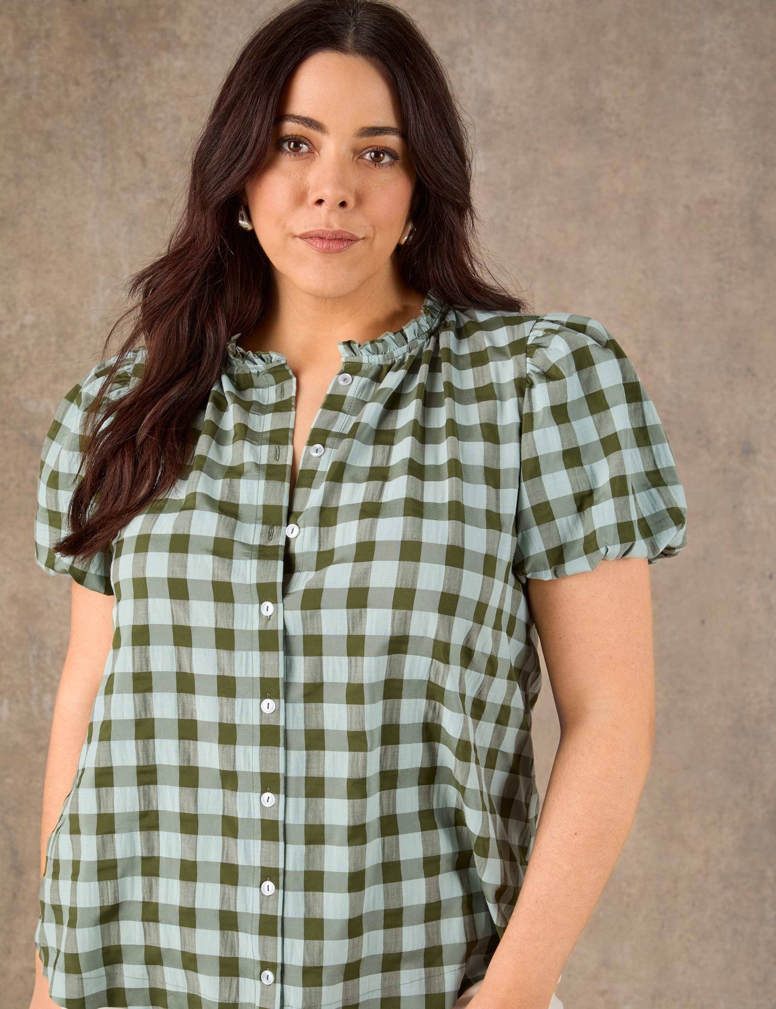 Gingham Button Through Blouse with Cotton
