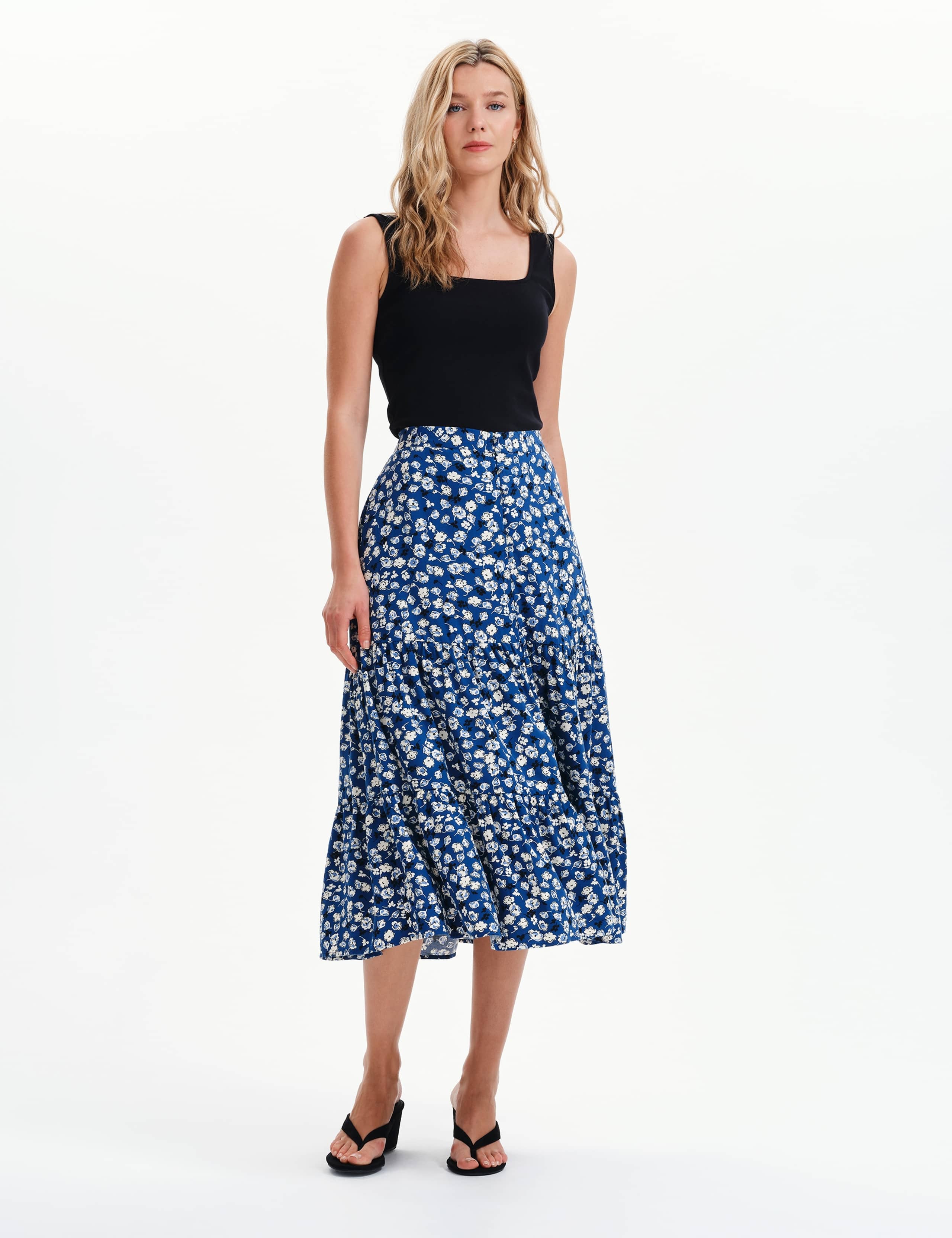 Floral Button Through Midi Tiered Skirt