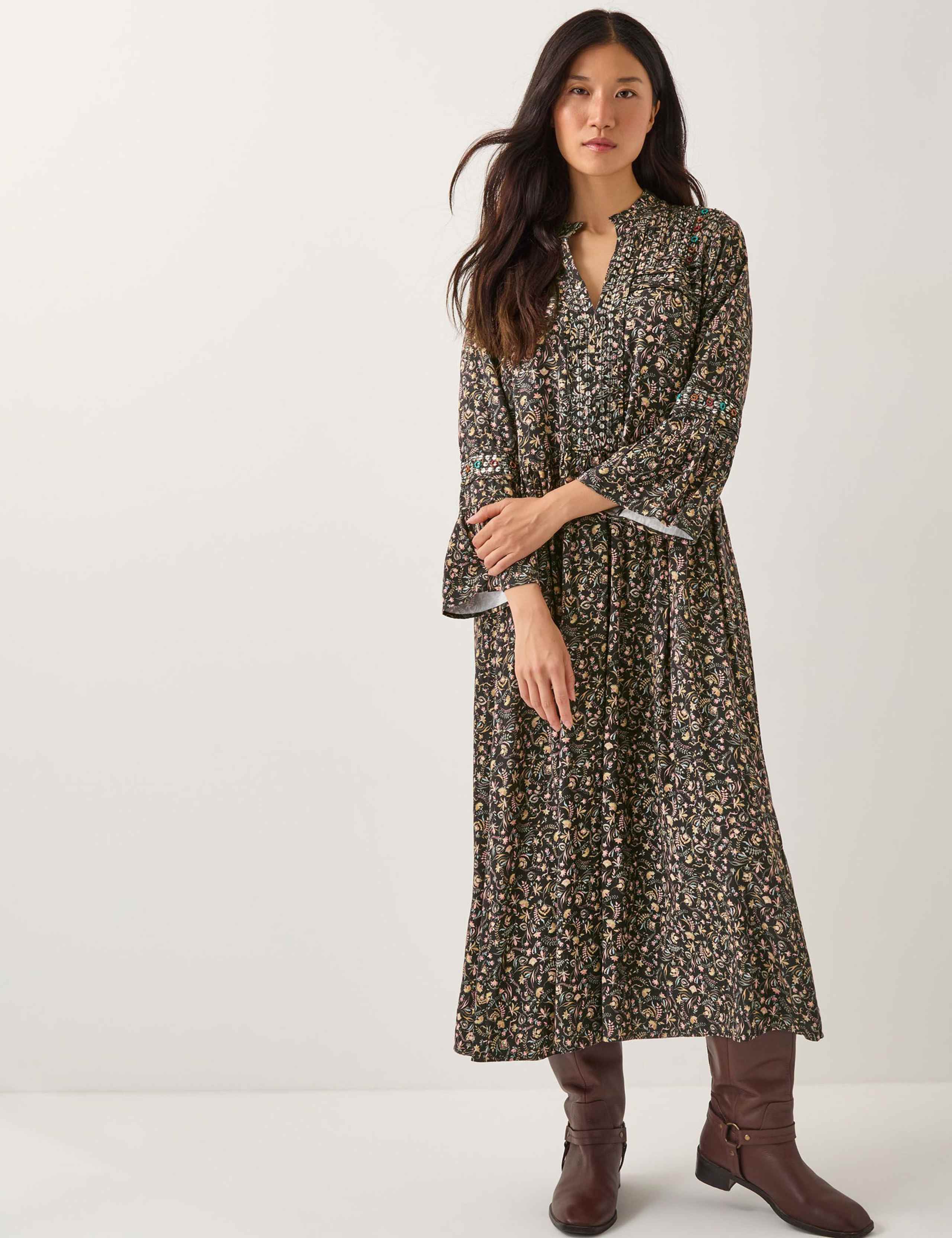 Floral Embellished V-Neck Midi Waisted Dress