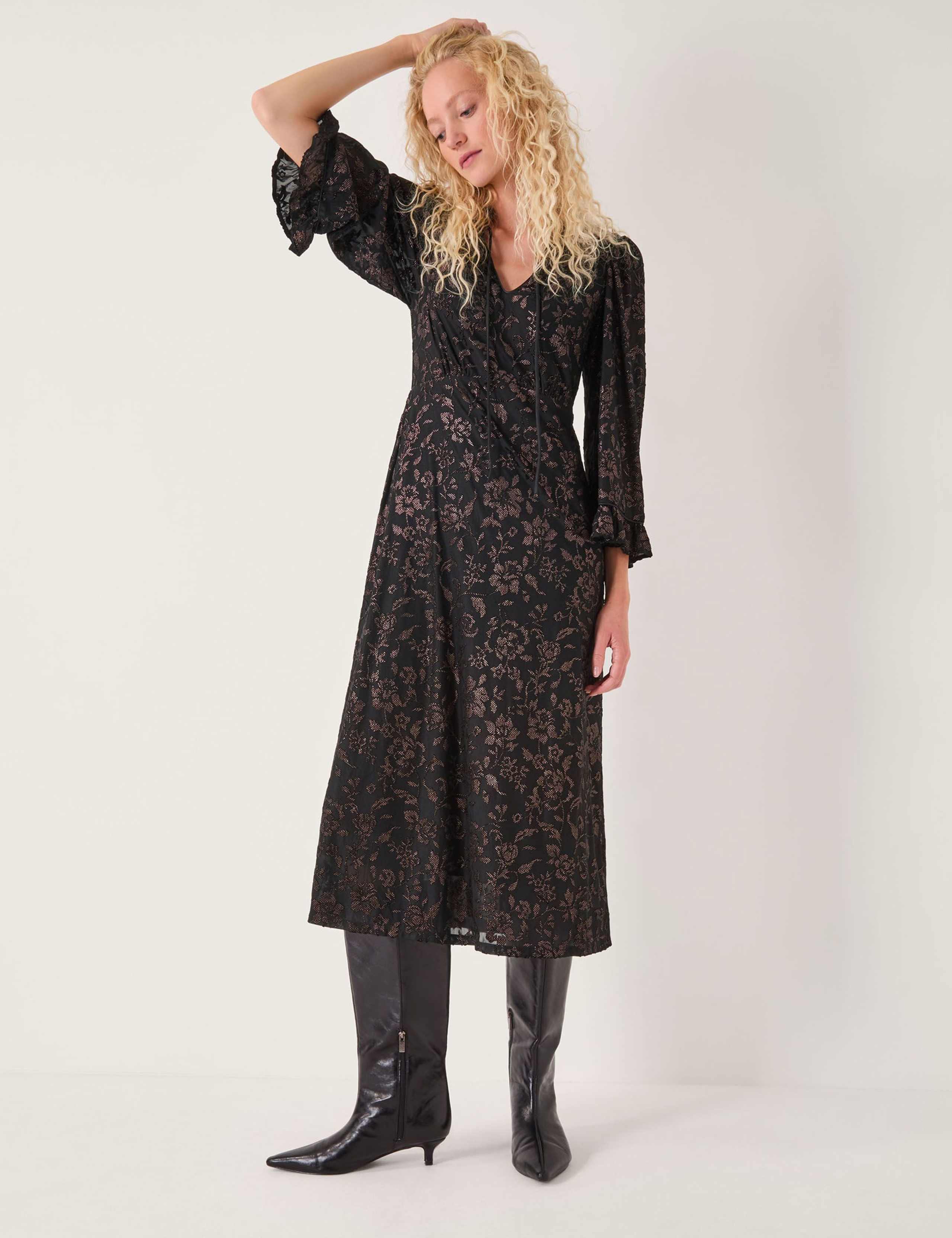 Tie Neck Devoré Midi Tea Dress