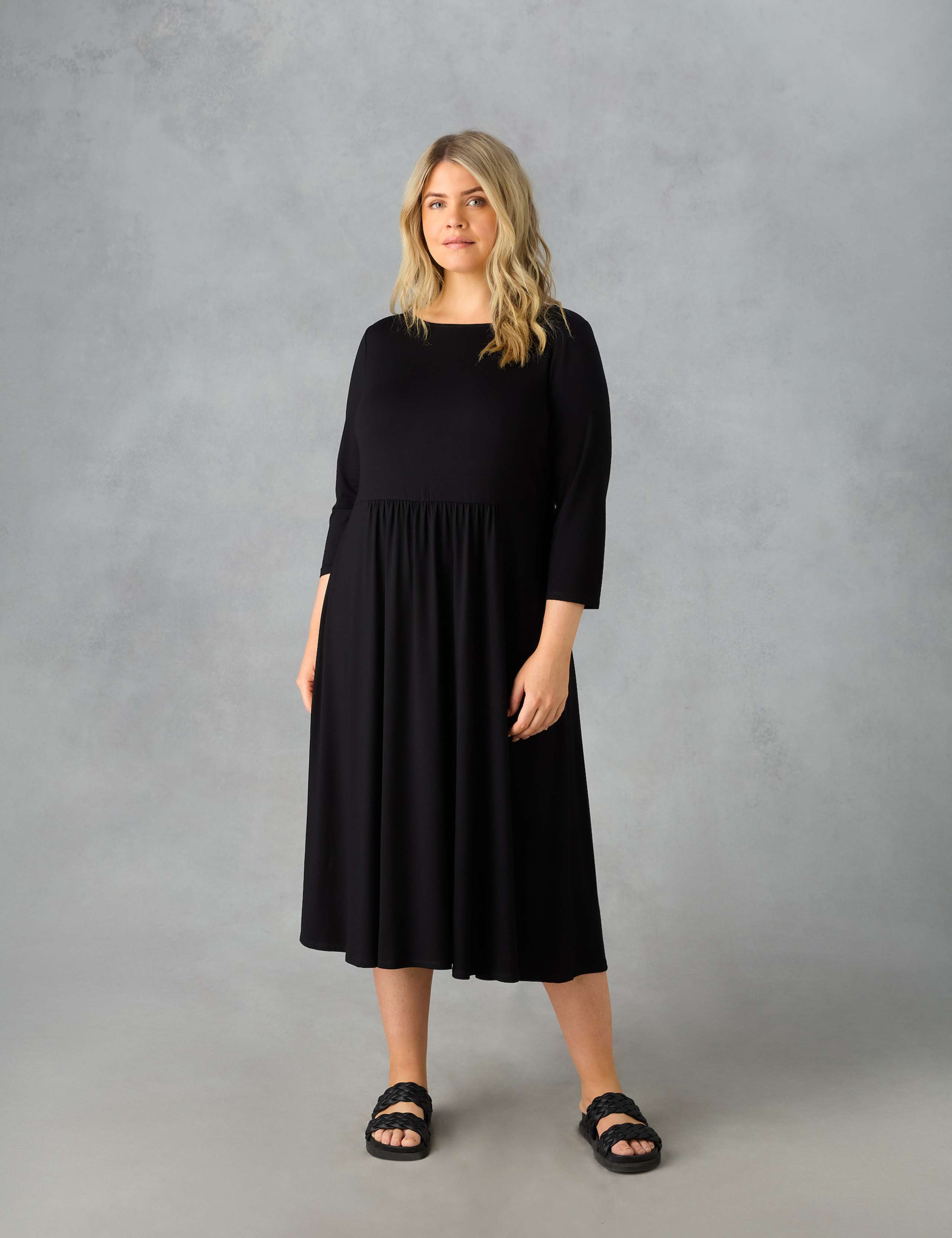 Jersey Slash Neck Midi Swing Dress
