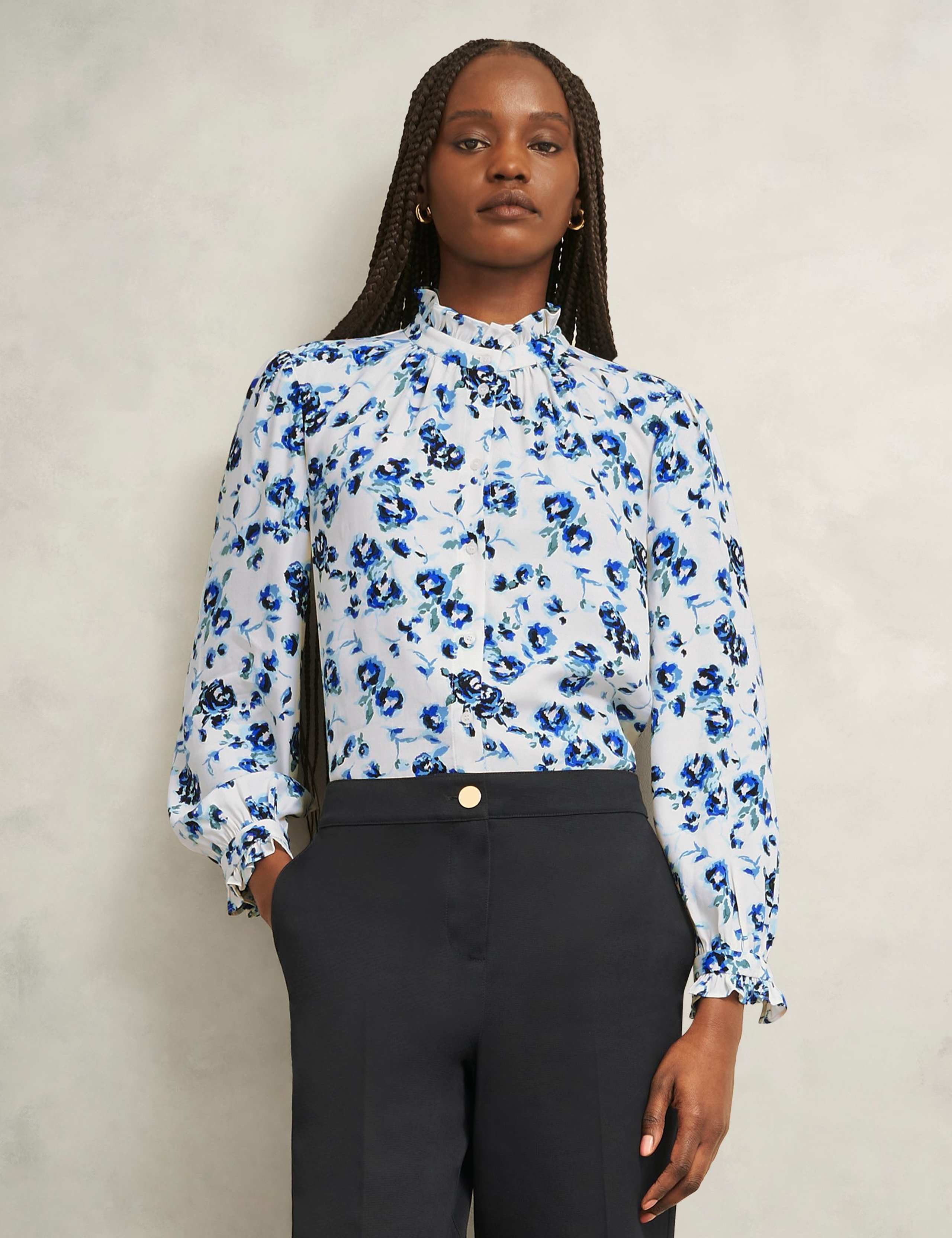 Floral Frill Neck Blouson Sleeve Blouse