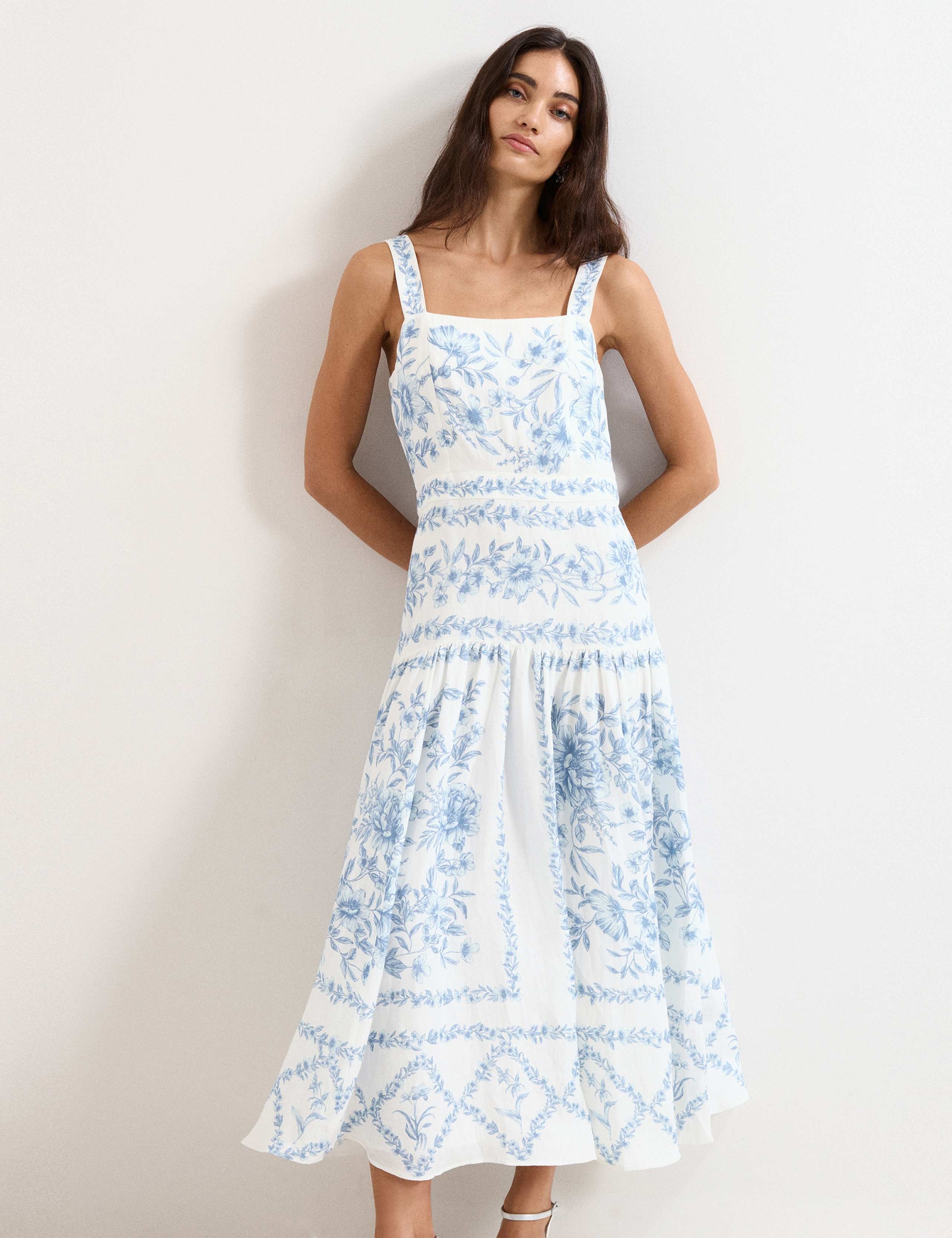 Linen Rich Floral Midaxi Waisted Dress