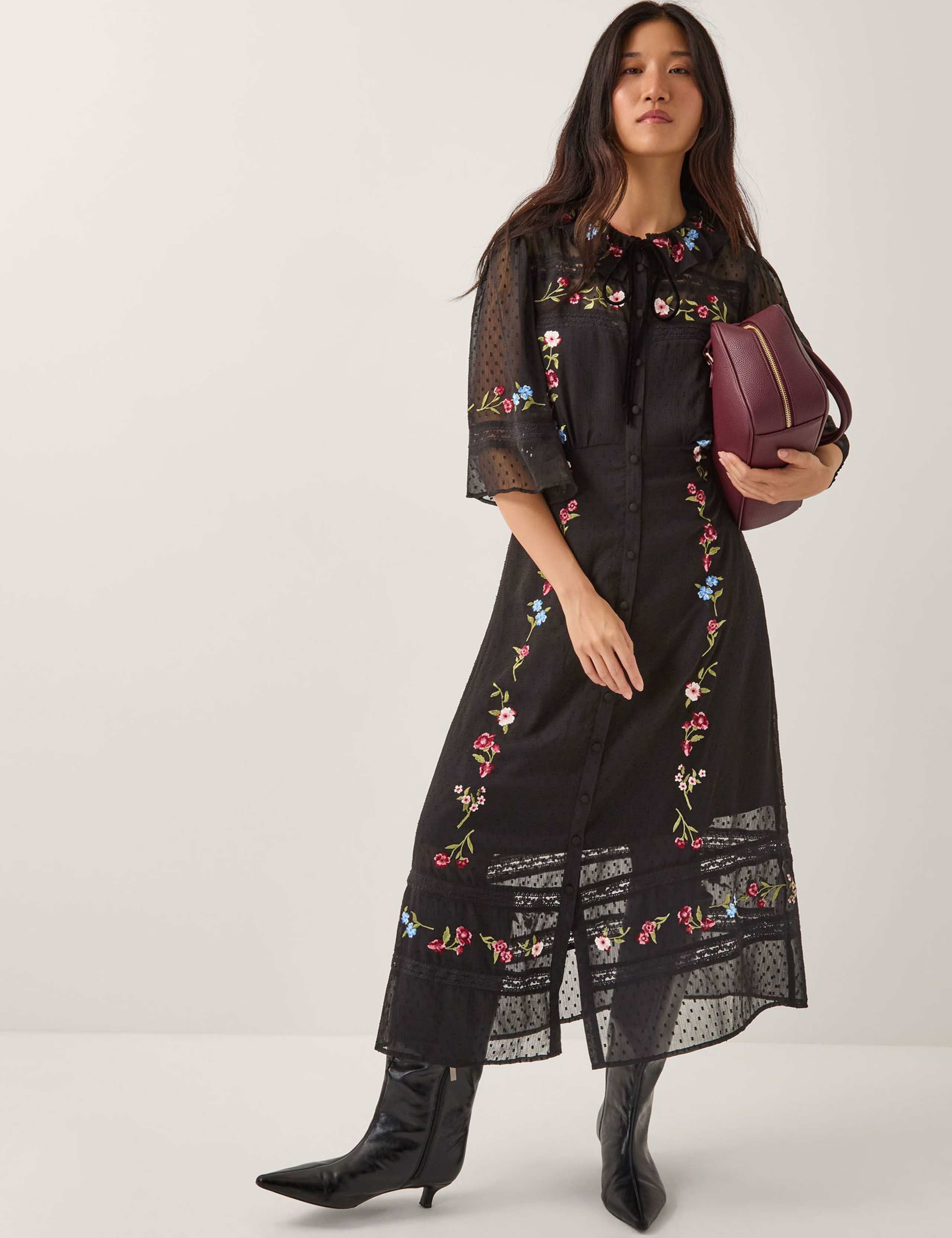 Embroidered Tie Neck Midi Tea Dress
