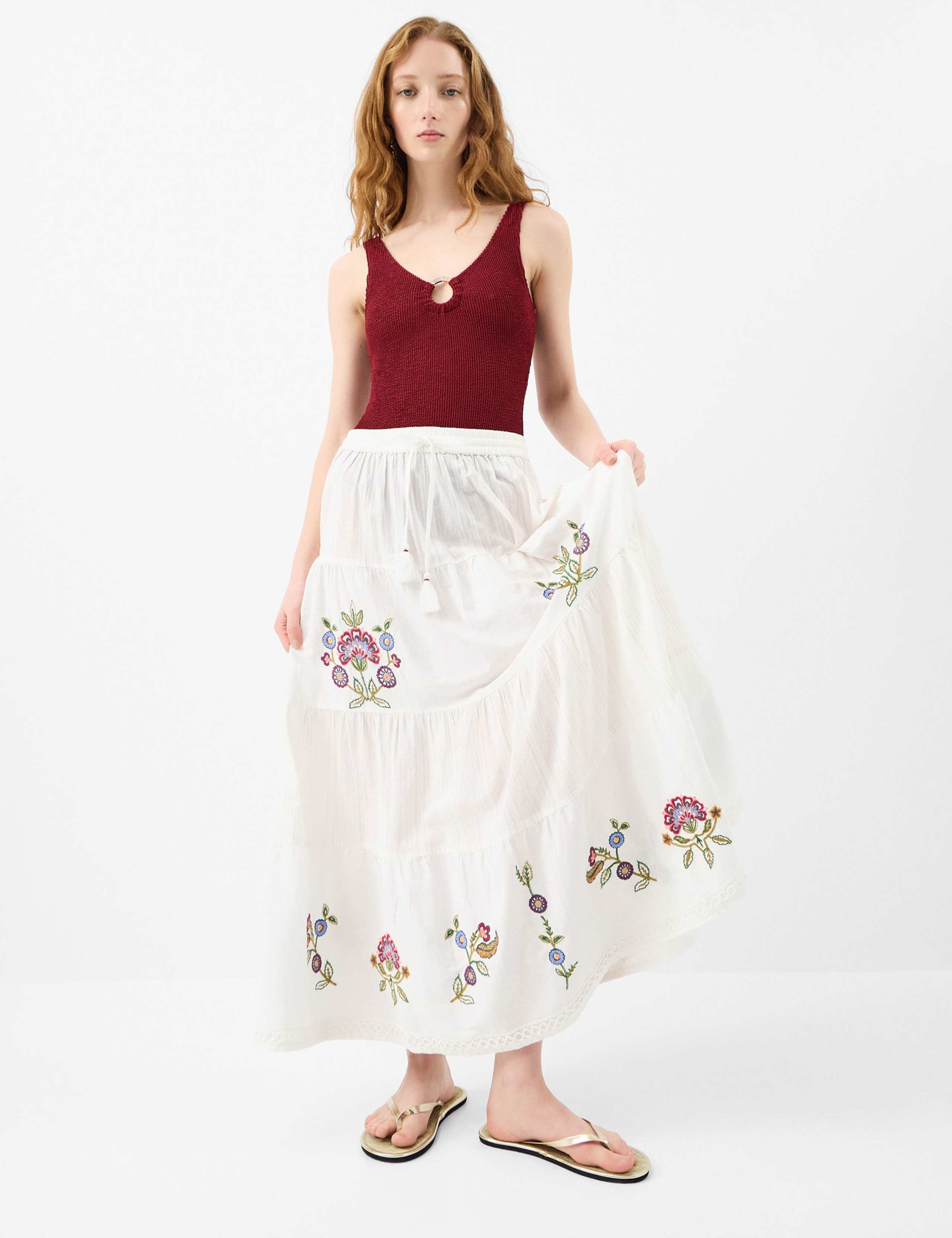 Embroidered Maxi Tiered Beach Skirt