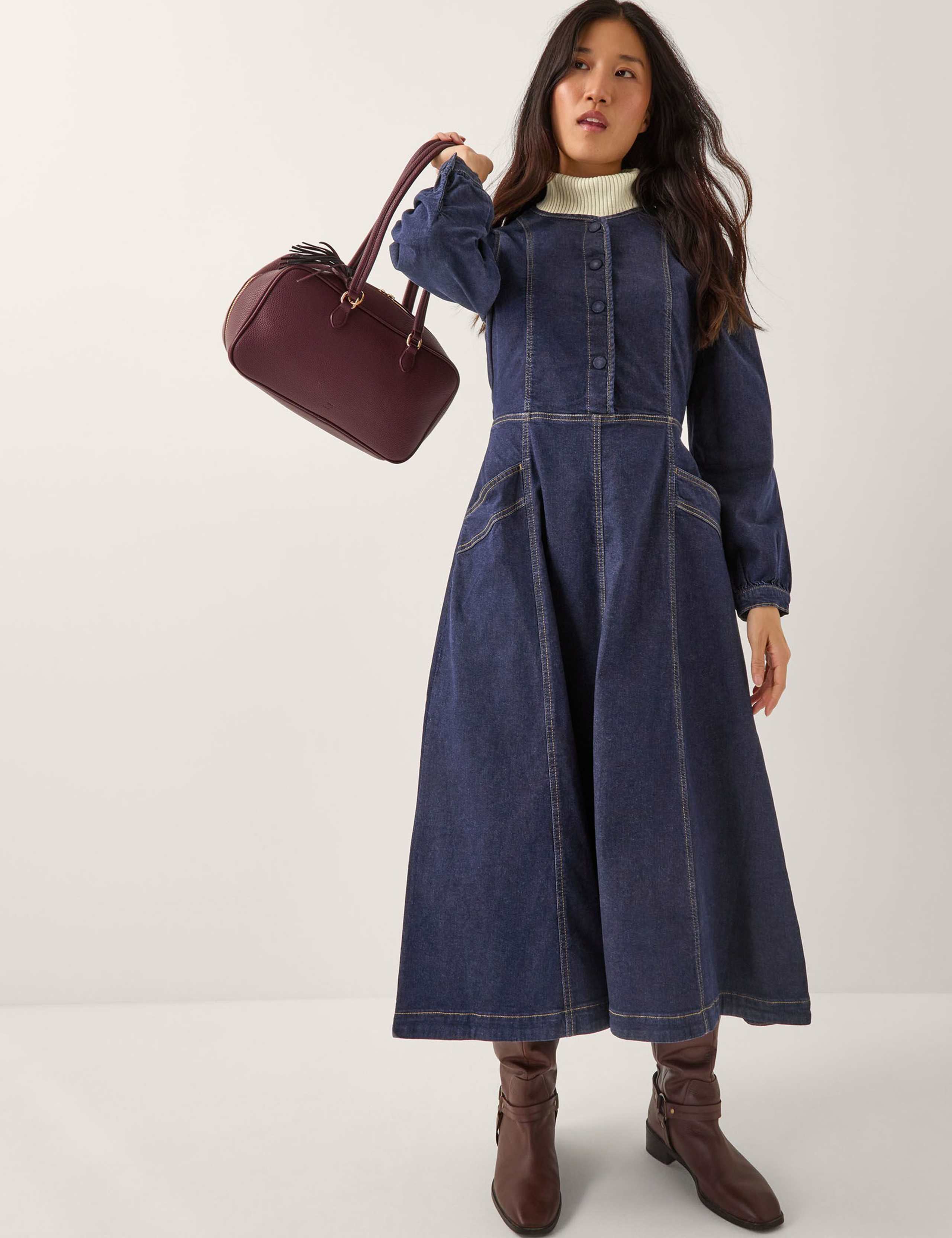Cotton Rich Denim Midi Waisted Dress