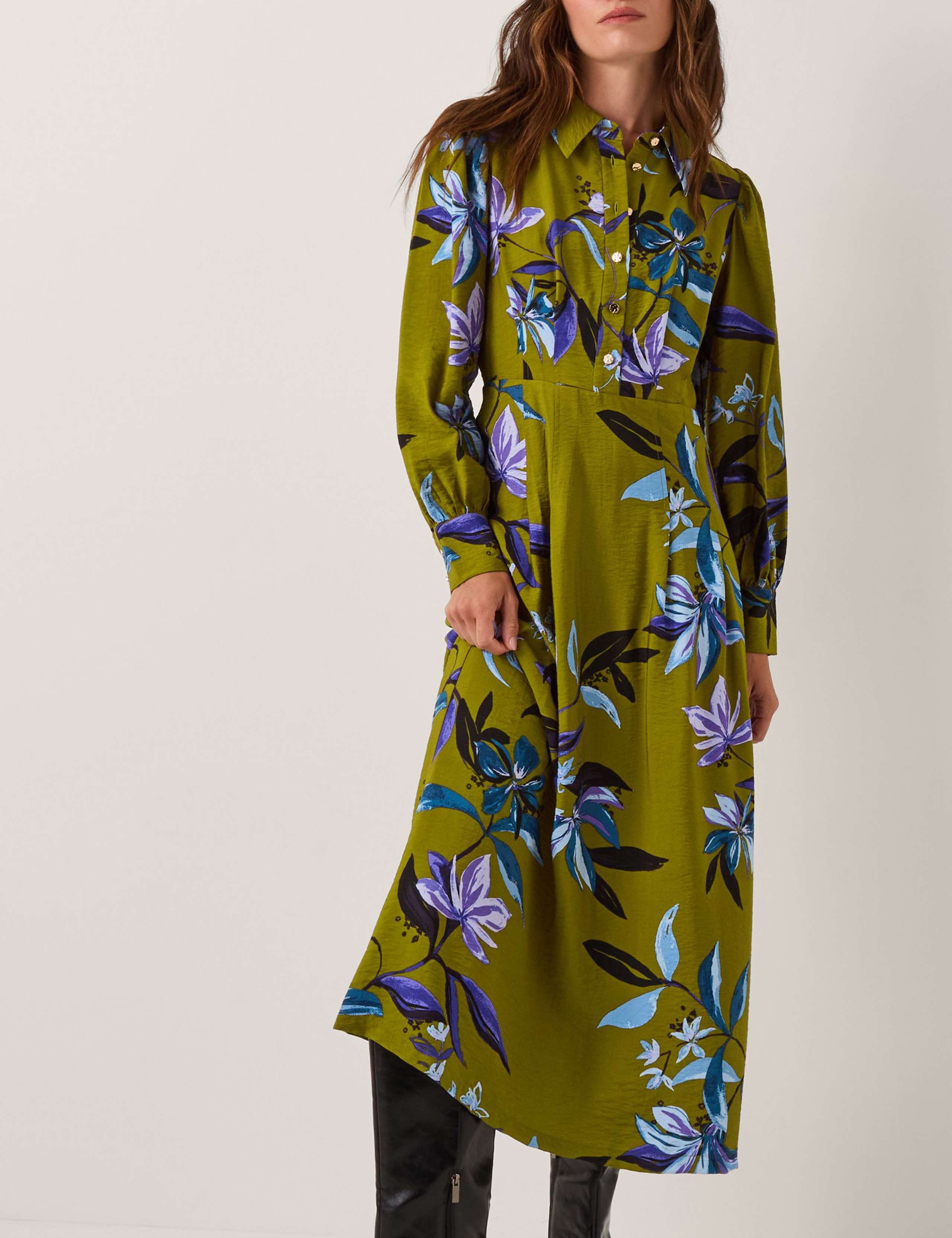 Floral Button Front Midi Shirt Dress
