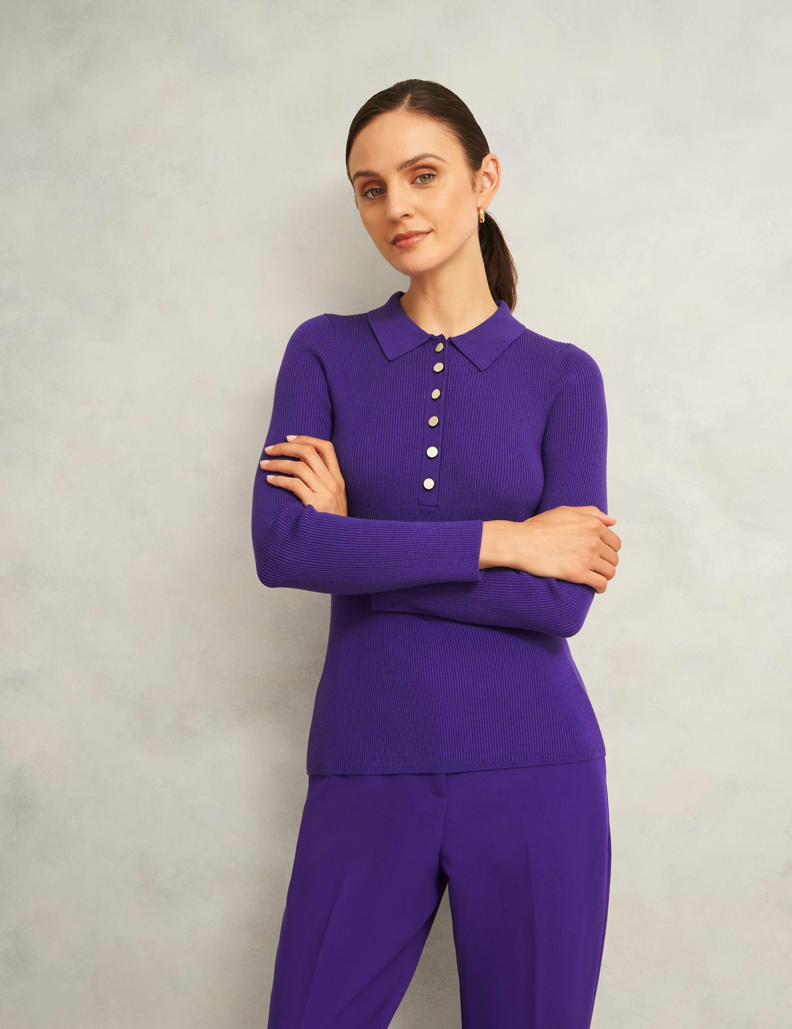 Ribbed Knitted Collared Button Detail Top